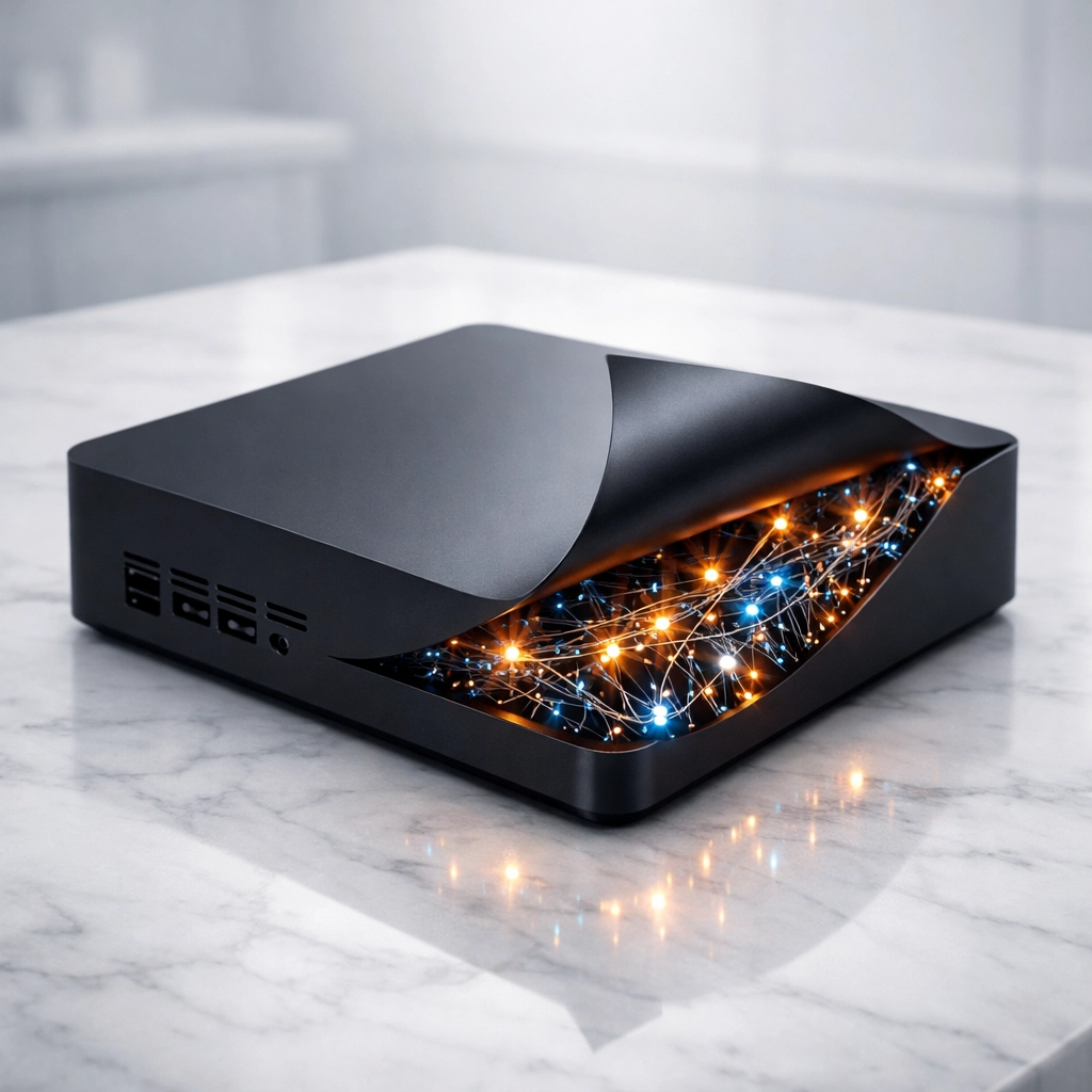 A peeling black box revealing internal wiring, illustrating healthcare AI transparency issues.