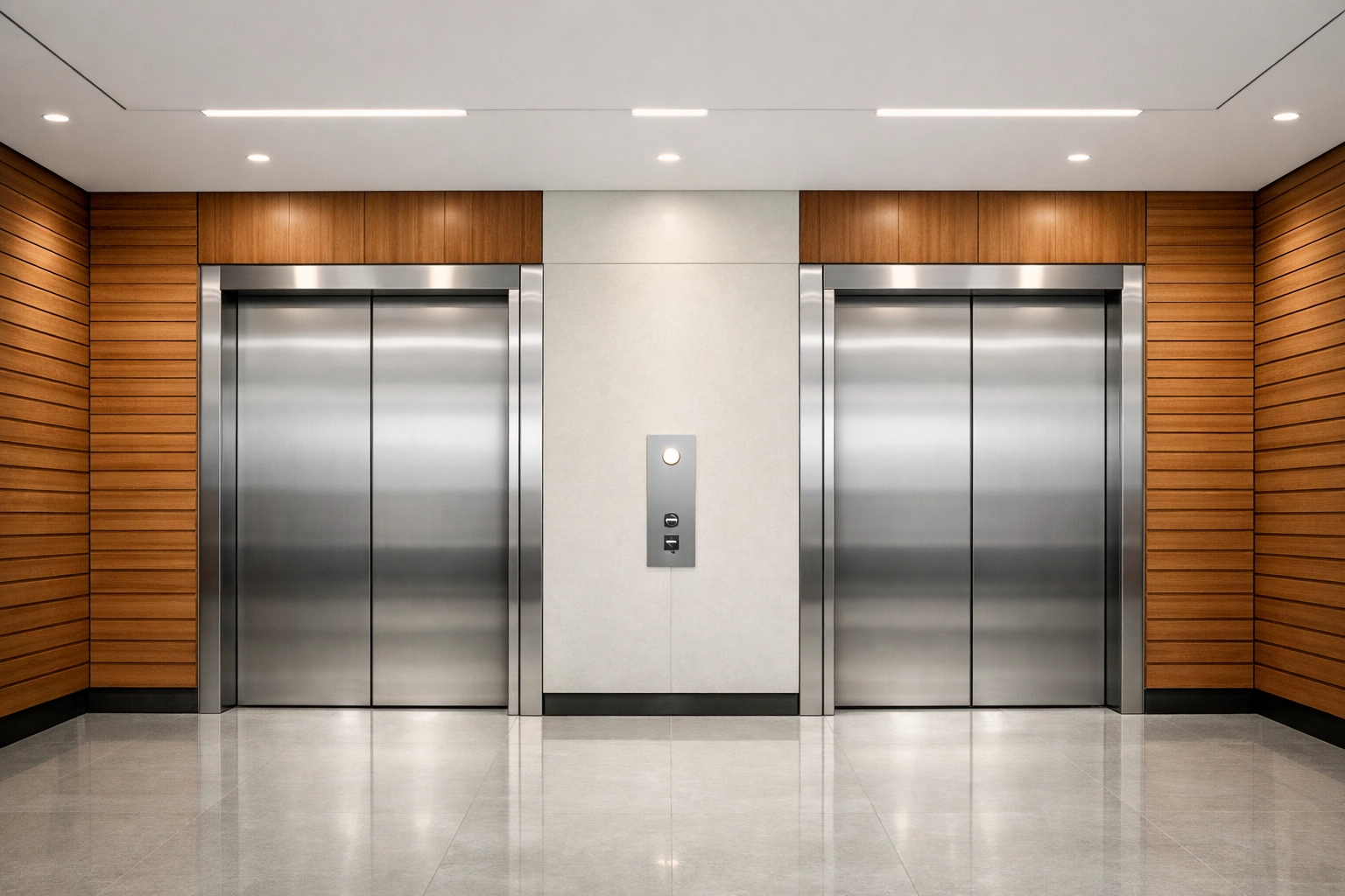 Pristine elevator lobby in a Detroit office building showcasing professional facility management services.