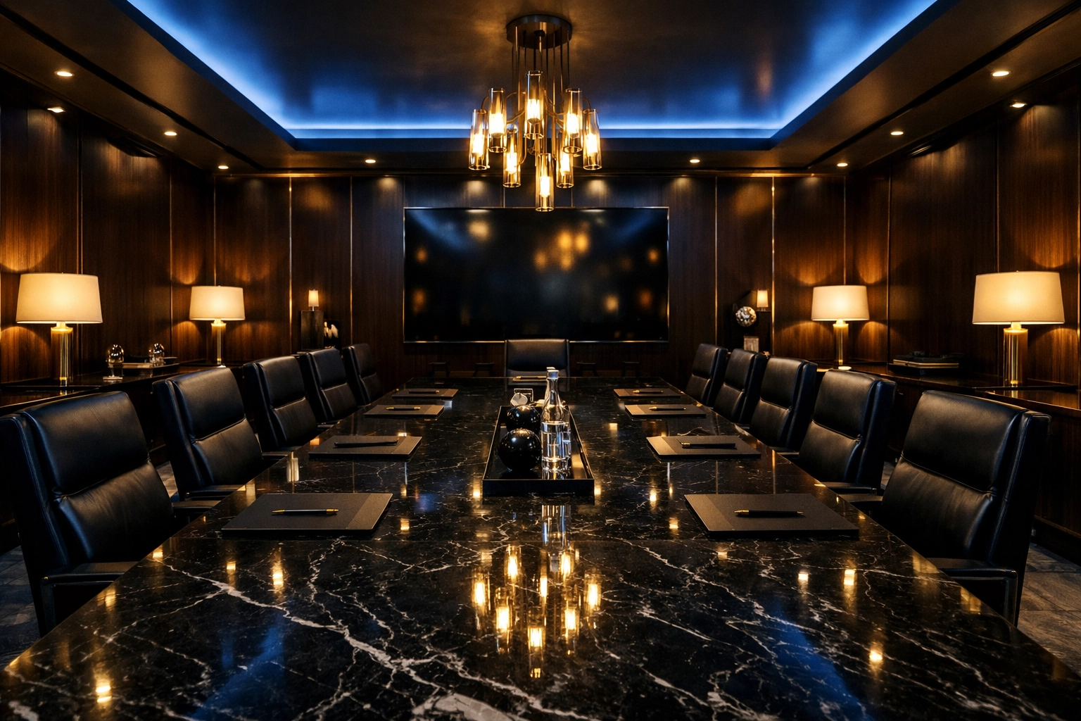 Authoritative executive boardroom: black marble table, gold accents, and moody blue-gold lighting