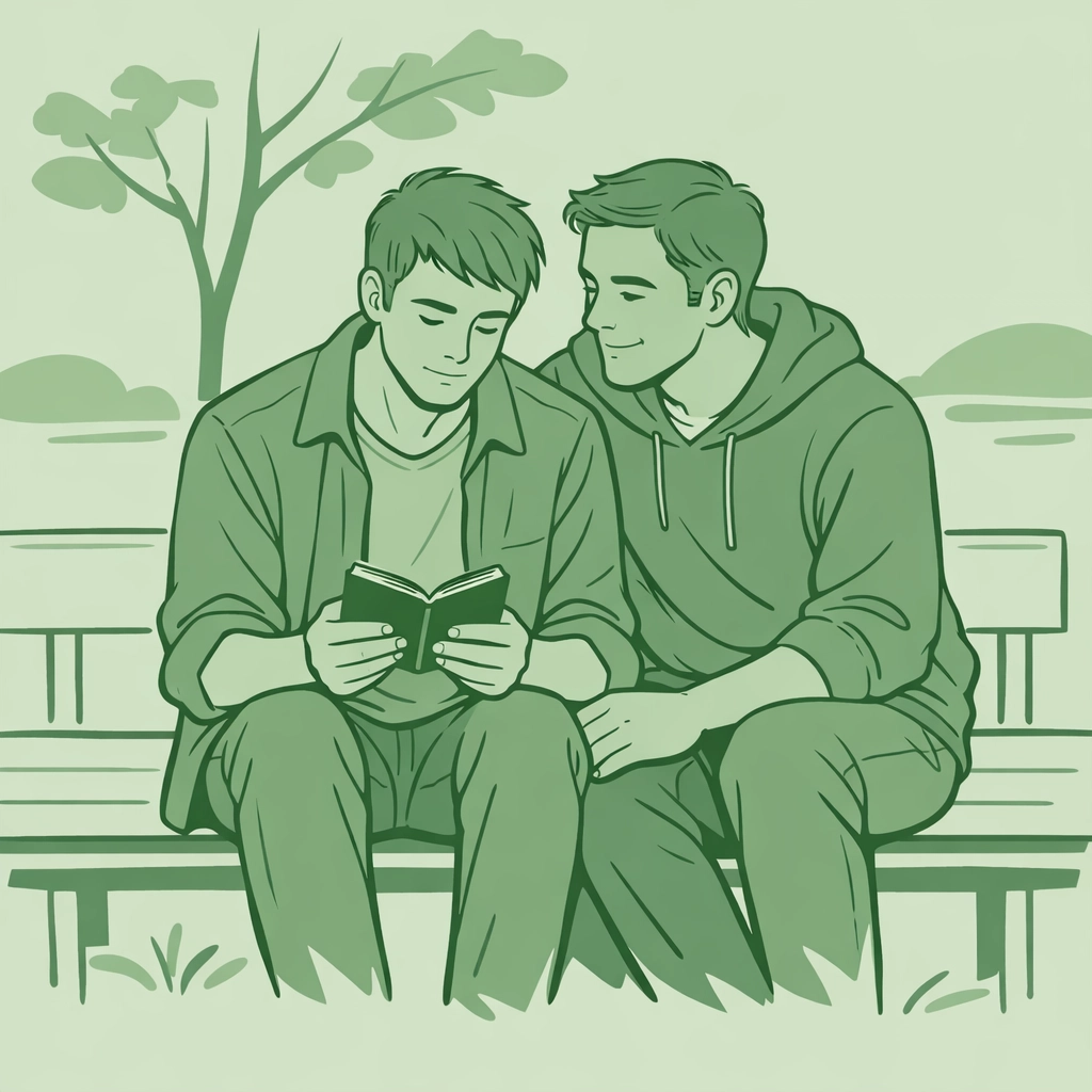 Male couple sharing a quiet moment of reflection while exploring LGBTQ+ eBooks.