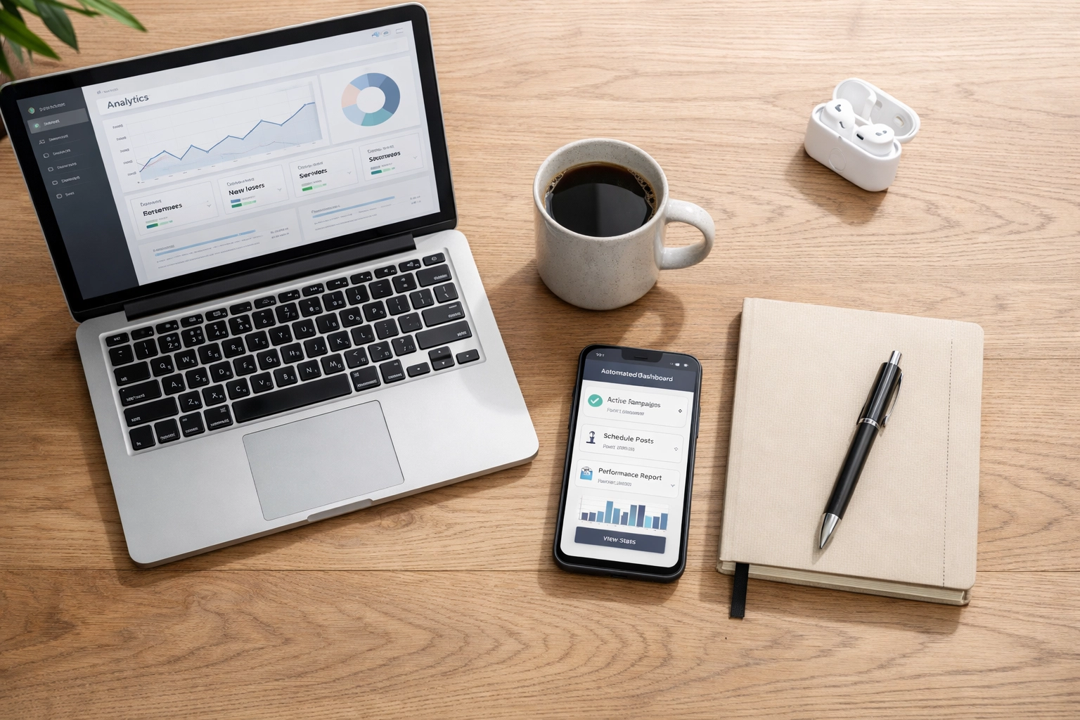 Modern workspace with a smartphone showing an automated review system to boost local SEO for small business.