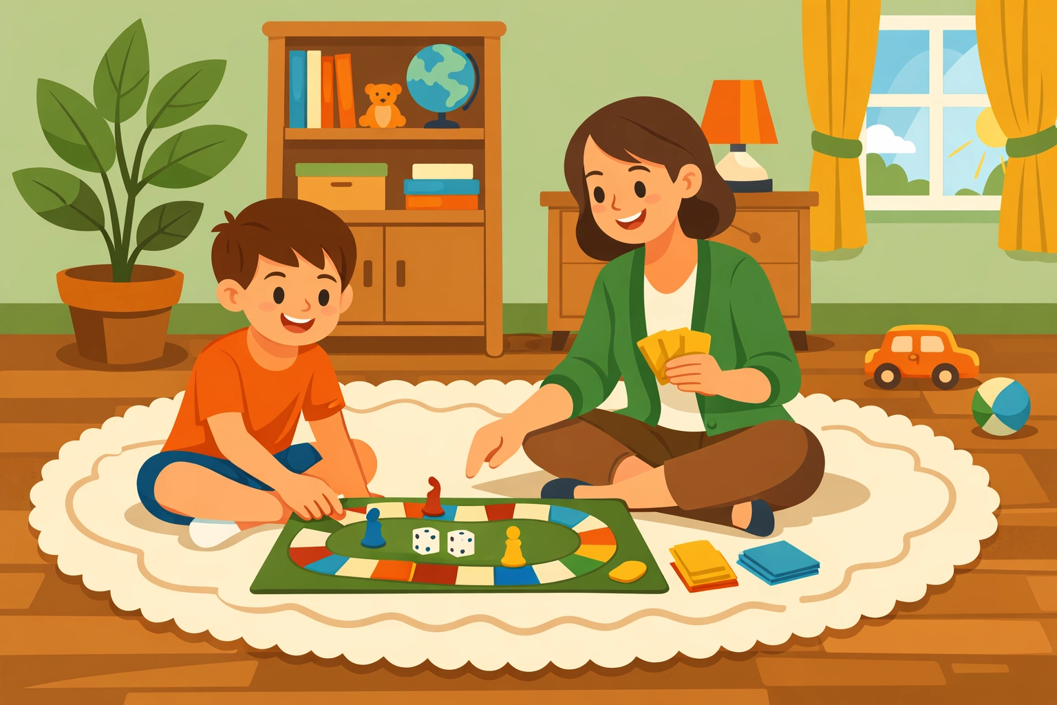 Play-based ABA therapy session teaching turn-taking skills through board games at home