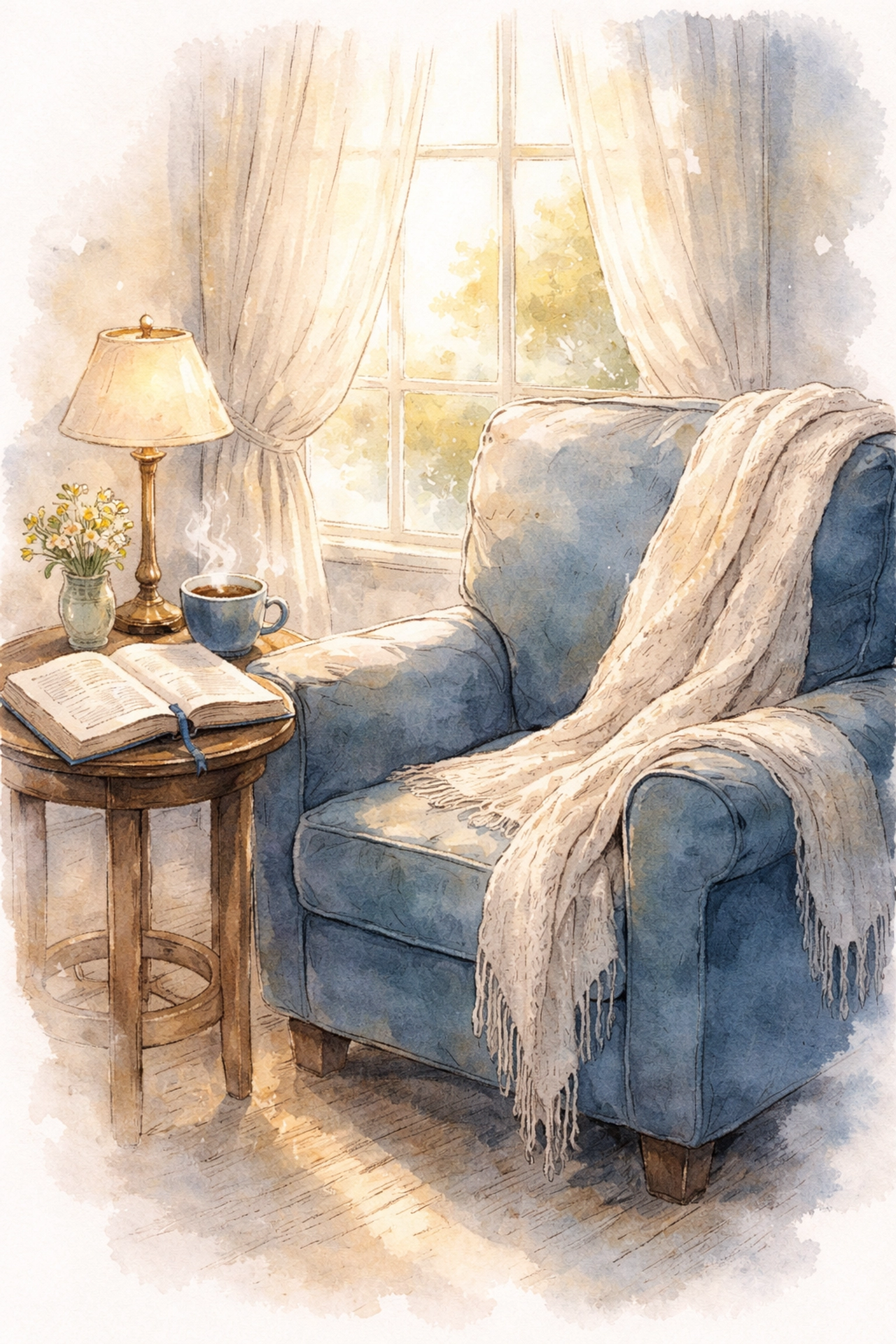 Cozy prayer nook with an open Bible, coffee, and morning light for peaceful family devotion time