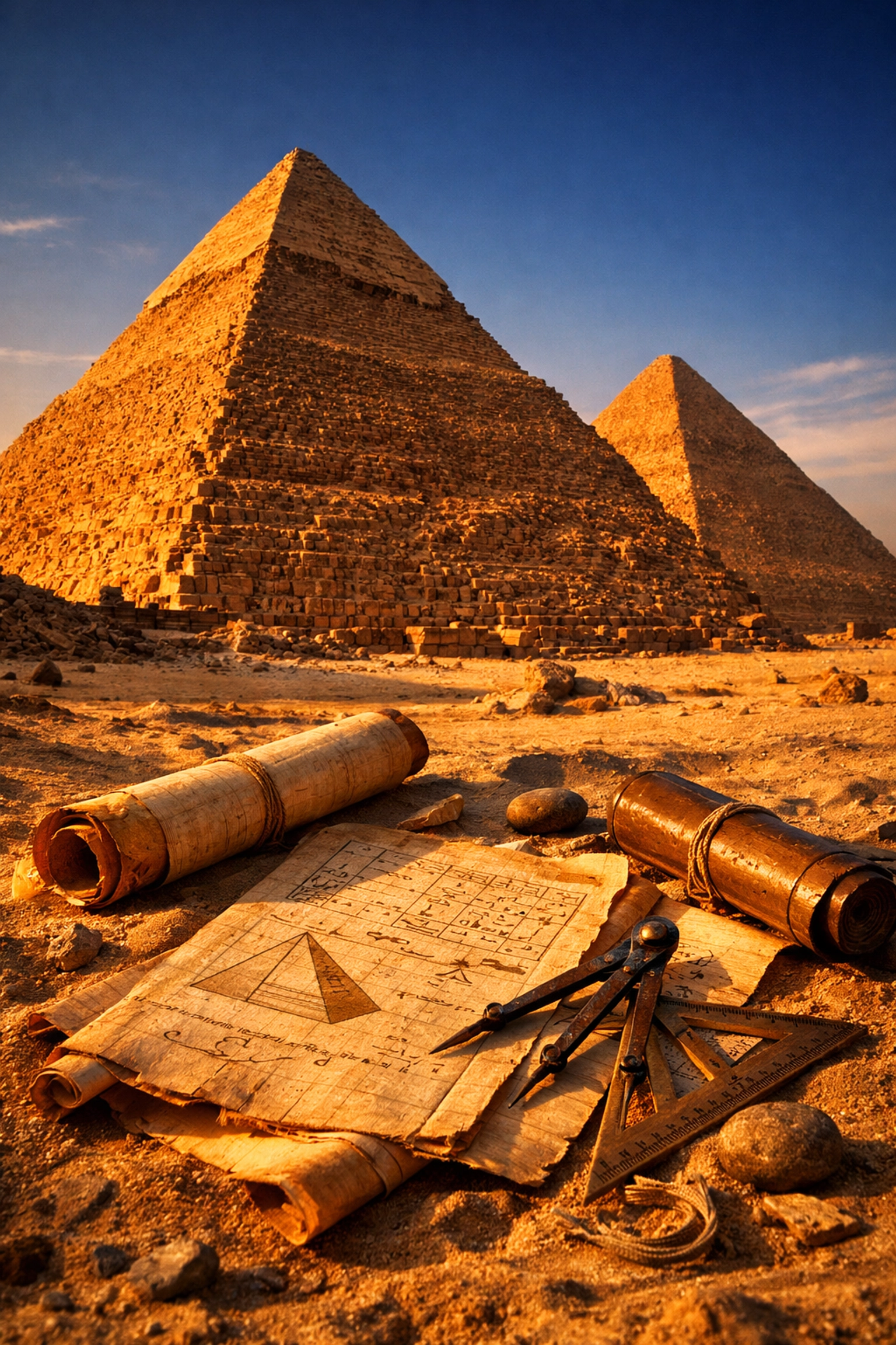 Ancient Kemet pyramids with papyrus scrolls showing advanced Black civilization mathematics