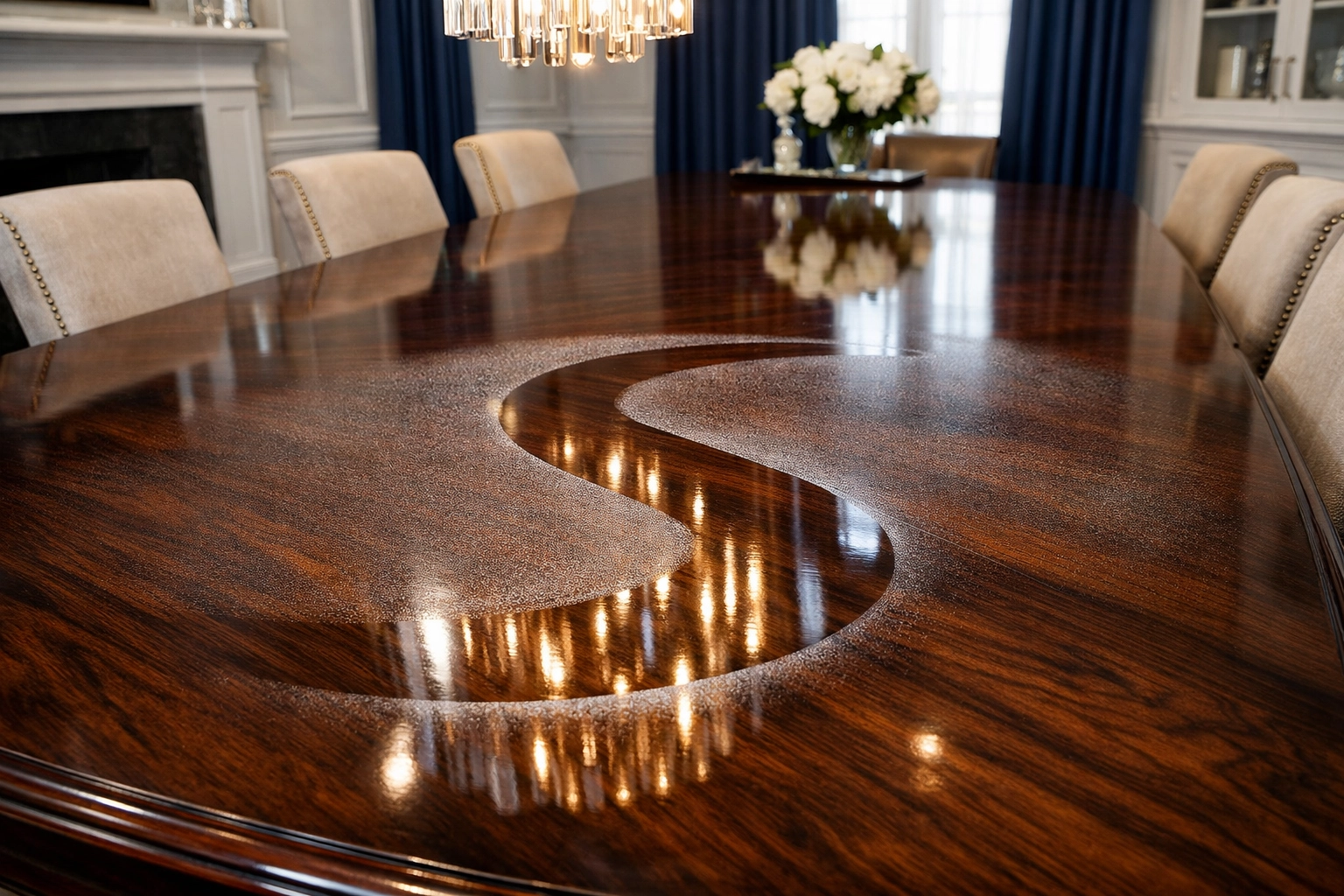 Expert S-pattern wiping technique on a wood table during a deep cleaning Worcester session.