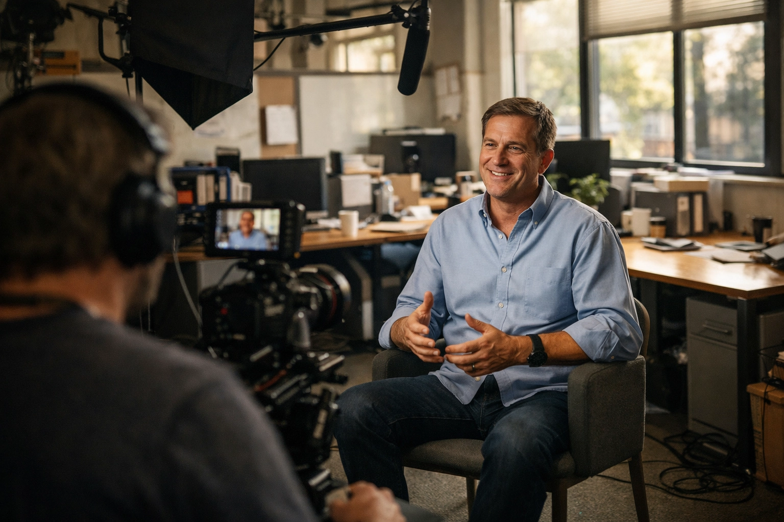 Behind-the-scenes of authentic corporate video production with natural lighting in real office space