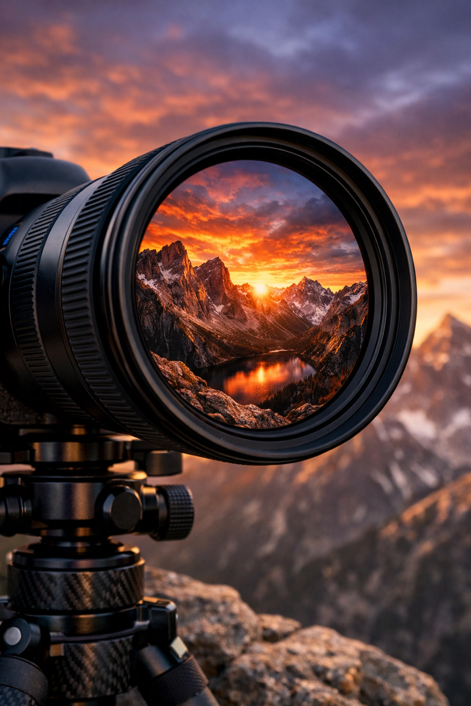 How to Compress Professional Photos in Seconds Using Pixel-Shrink.com 5 A professional camera lens reflecting a sharp mountain landscape at sunrise.