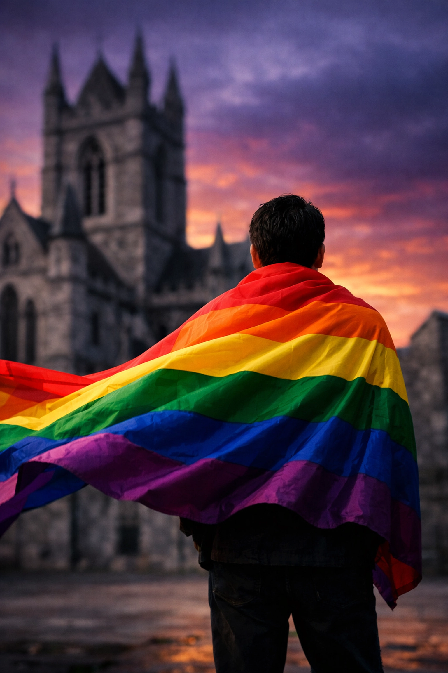 Person with a rainbow flag in front of a Polish cathedral representing LGBTQ+ visibility and rights.