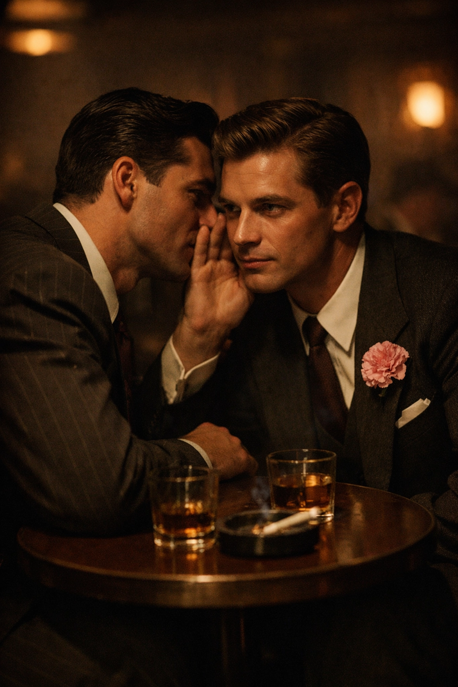 Men in 1950s suits sharing a secret moment in an underground Australian camp lounge, a scene from gay history.