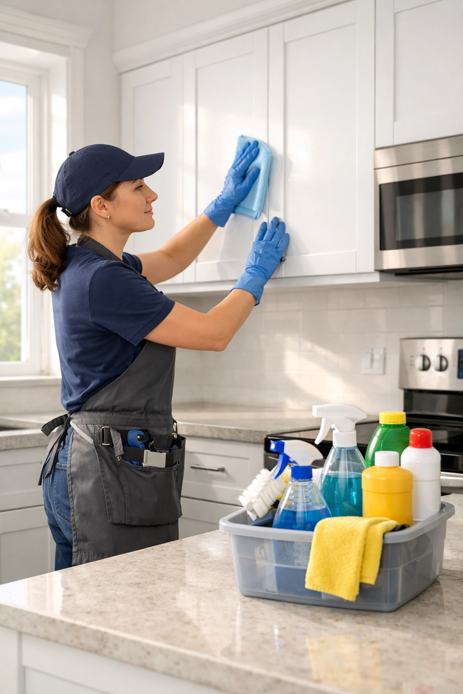 Professional cleaner performing detailed make-ready cleaning in apartment kitchen