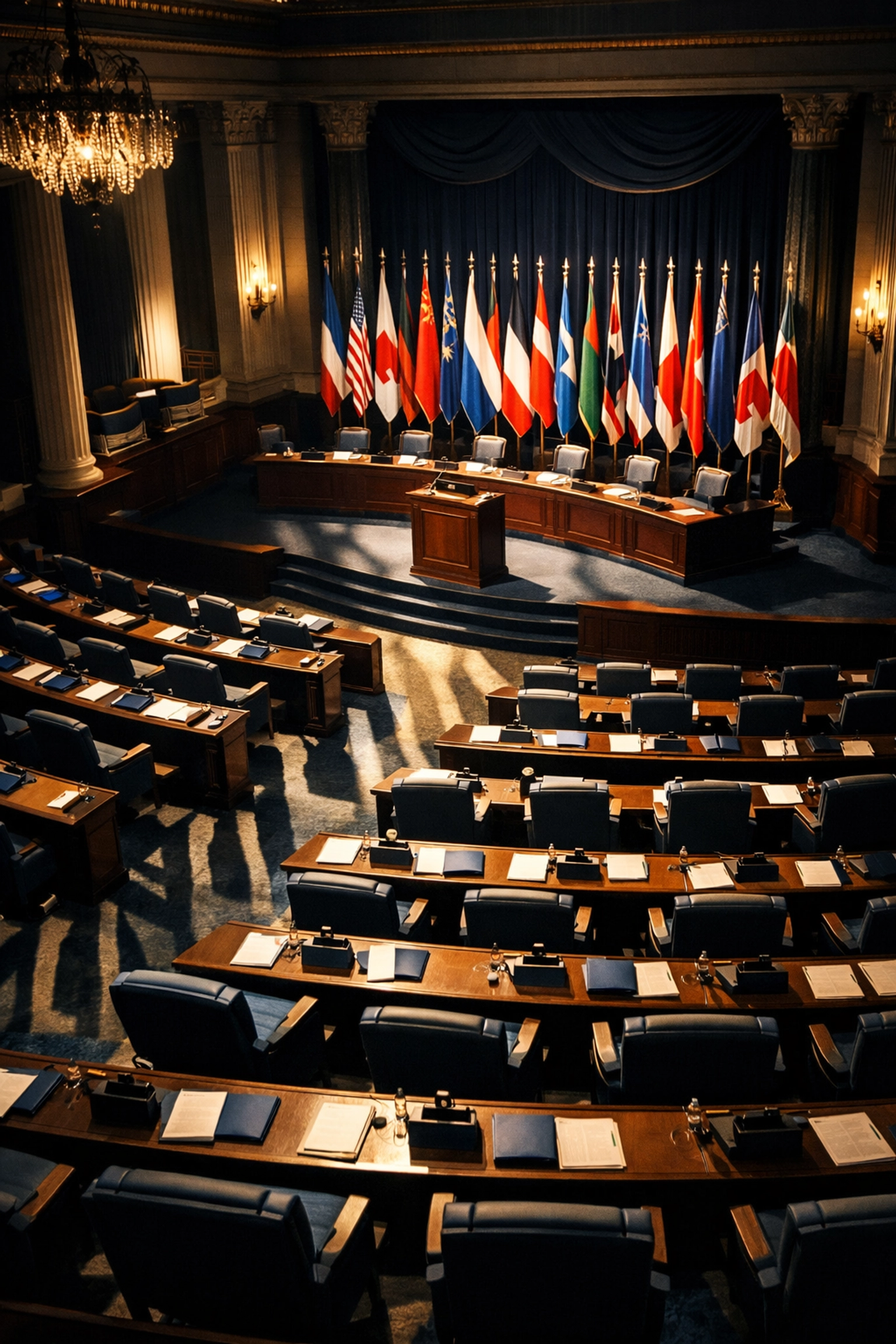 Munich Security Conference hall with international flags and diplomatic seating