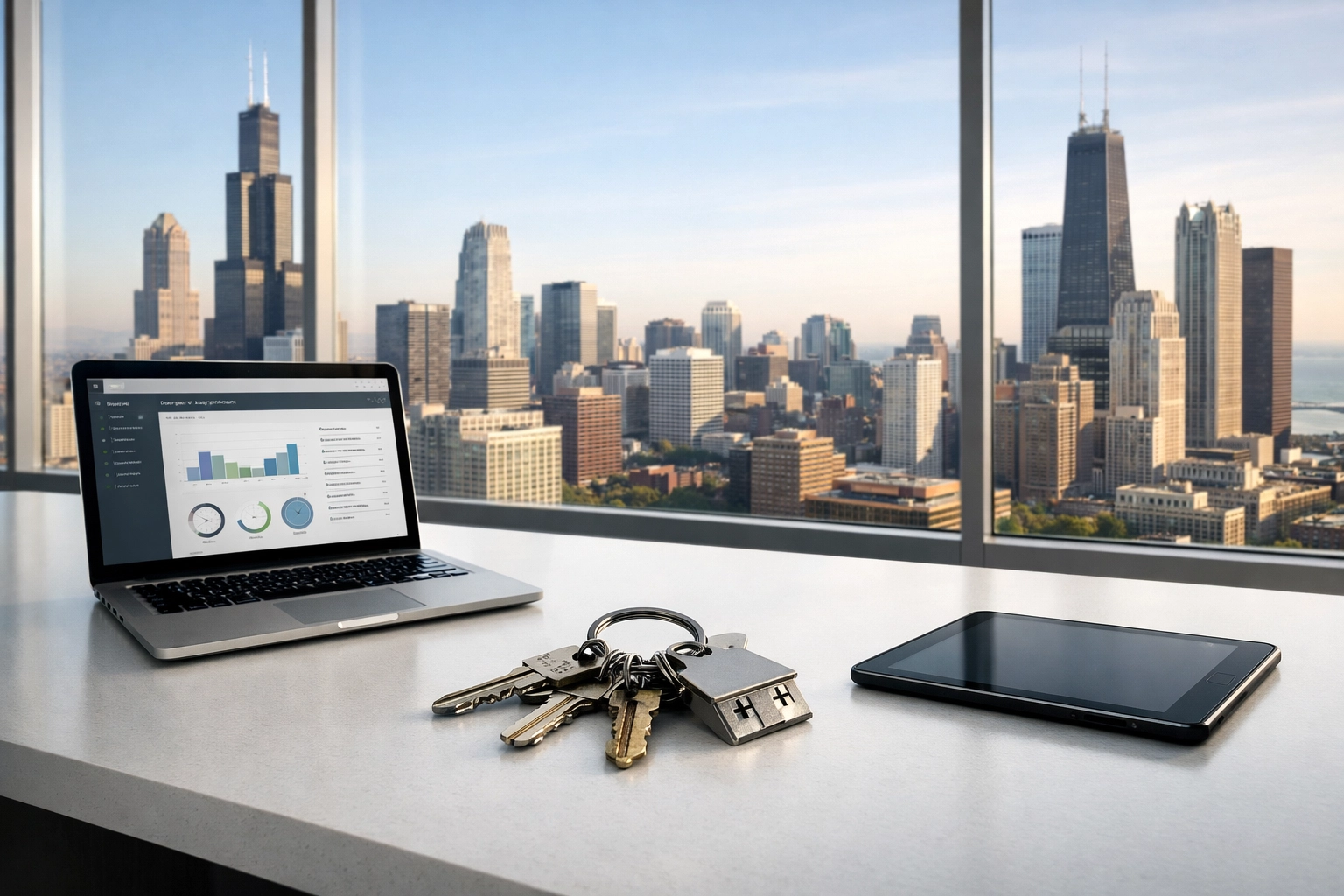 Property manager workspace in a Chicago high-rise with apartment keys ready for a reliable turnover.