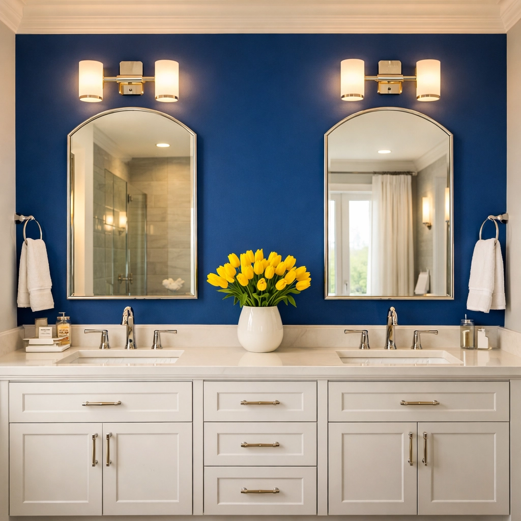 Professionally sanitized master bathroom with double vanity and blue accent wall in a Harvard estate.