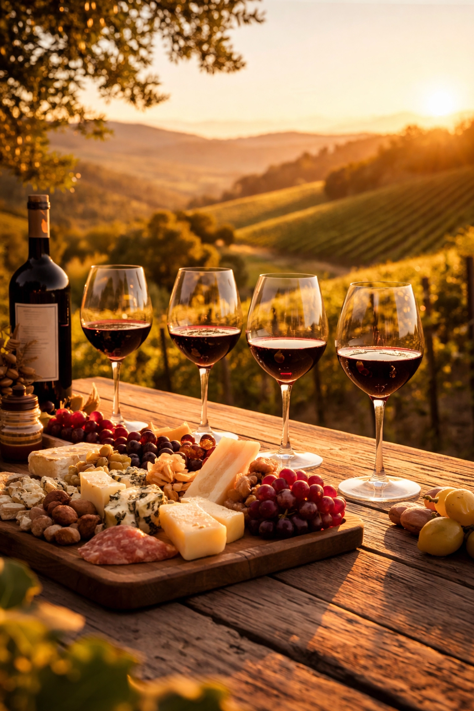 Private wine tasting setup in Napa Valley vineyard at sunset, illustrating exclusive luxury wine experiences.