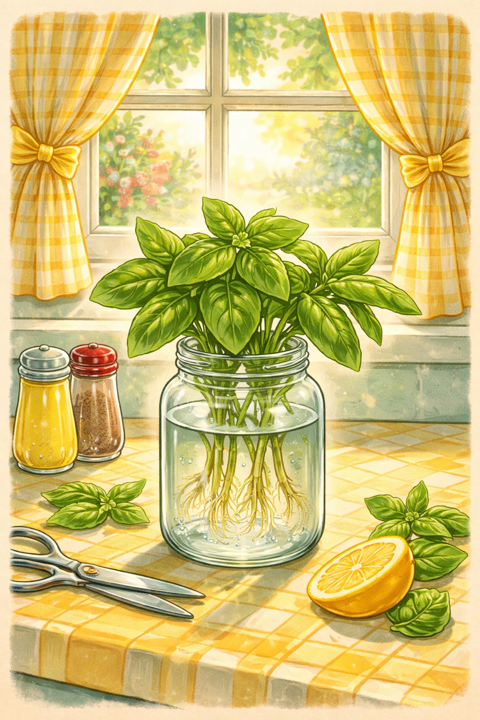 Basil cuttings rooting in a clear pasta jar of water on a sunny kitchen counter, indoor herb gardening