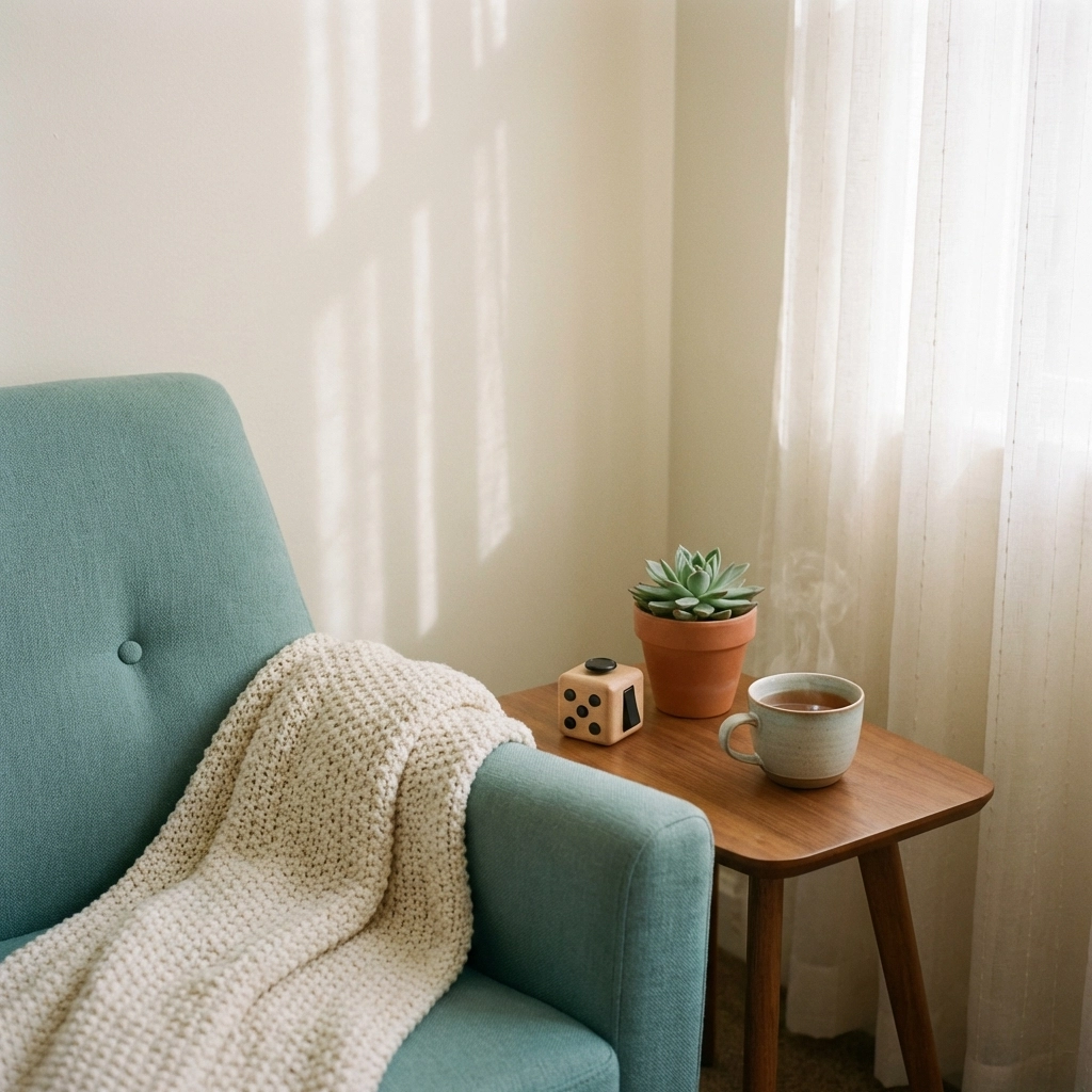 Cozy therapy office space with a teal armchair, fidget cube, and warm lighting, symbolizing ADHD support for LGBTQ adults.