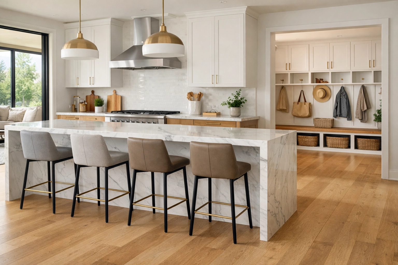 Modern open-concept kitchen with a large marble island in a new construction home for sale in Waxhaw NC.