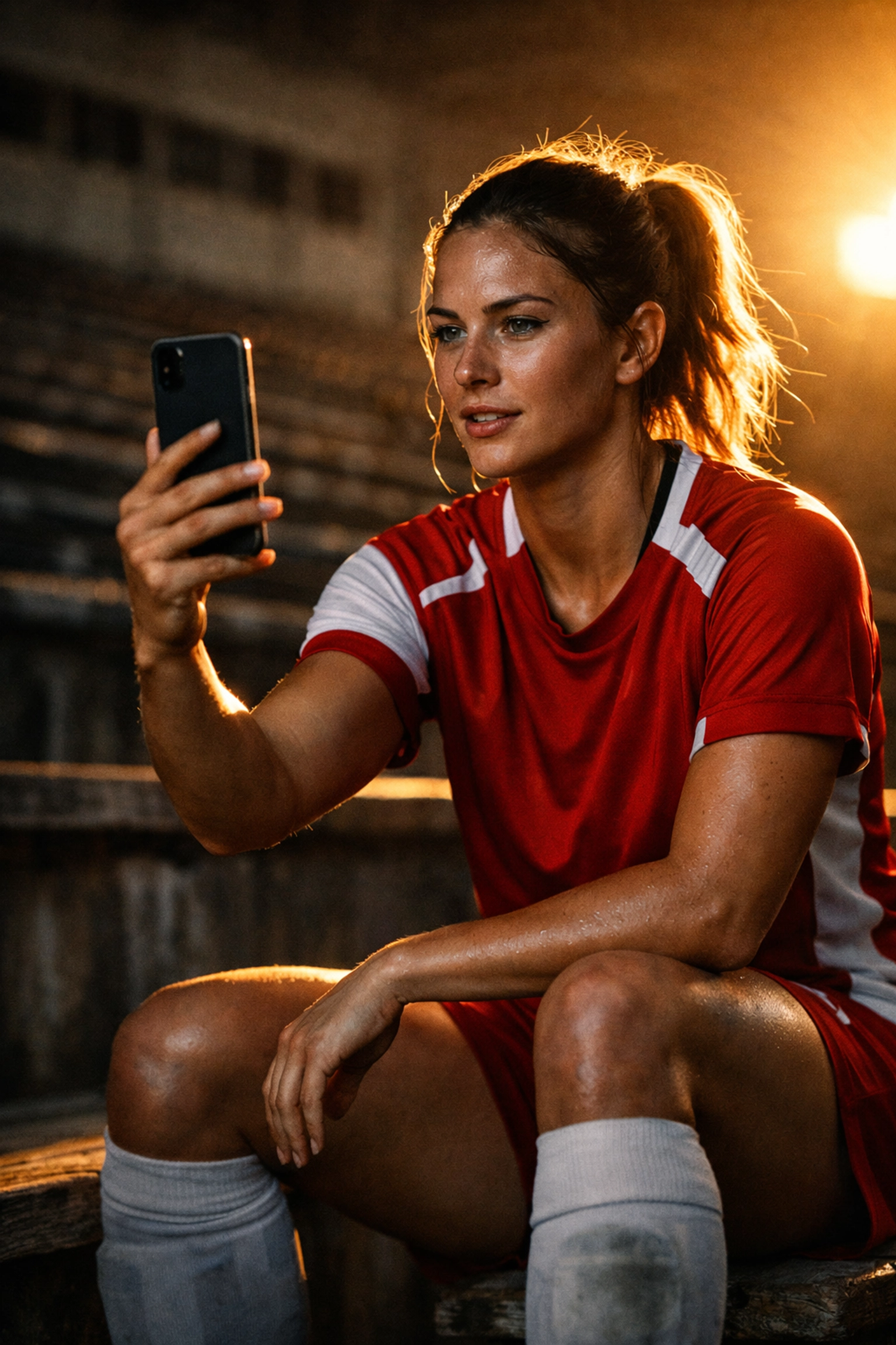 College athlete filming a genuine NIL testimonial on her phone for a Super Bowl brand campaign.