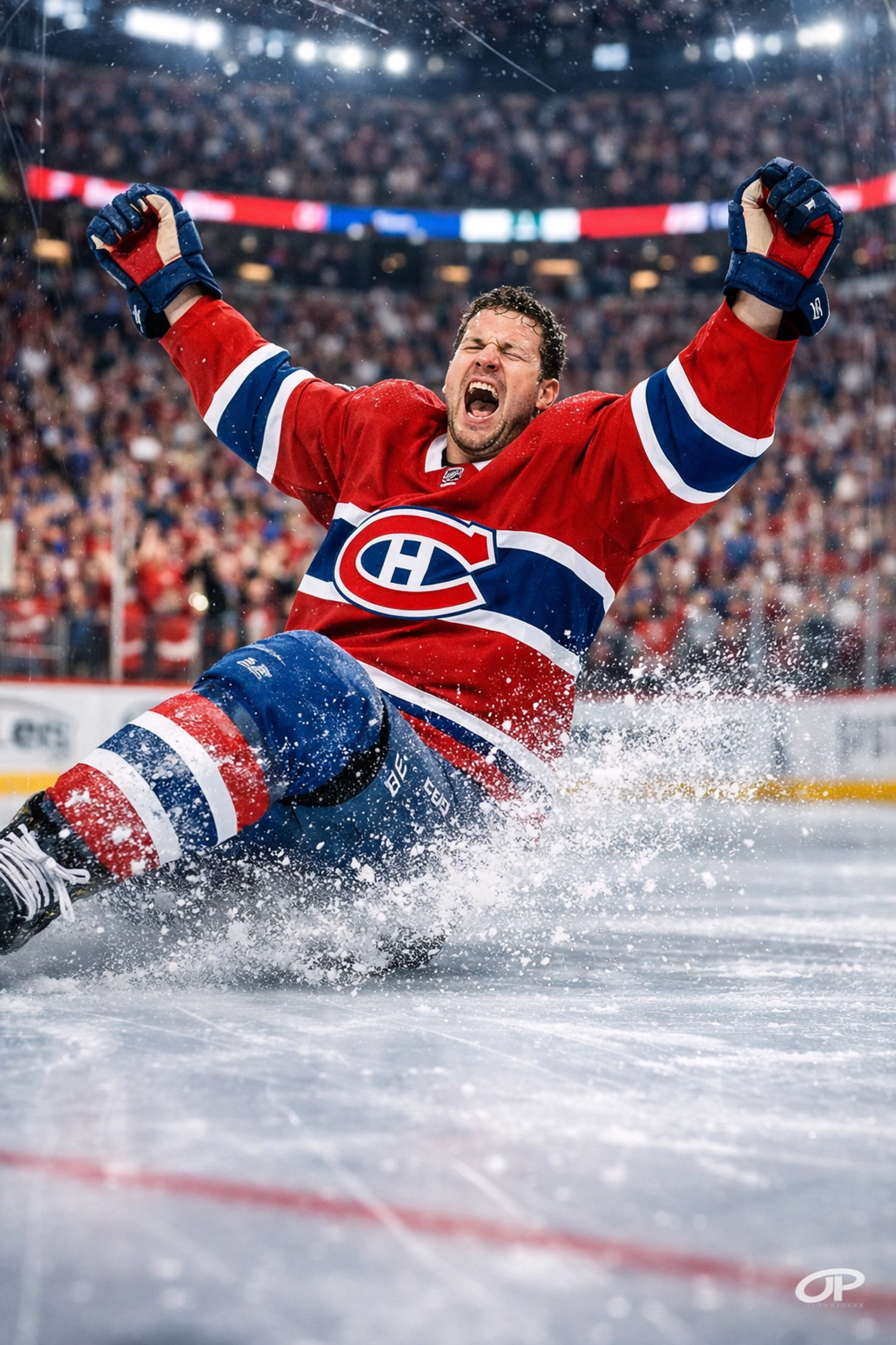 Montreal Canadiens hockey player celebrating a goal on the ice at the Bell Centre.
