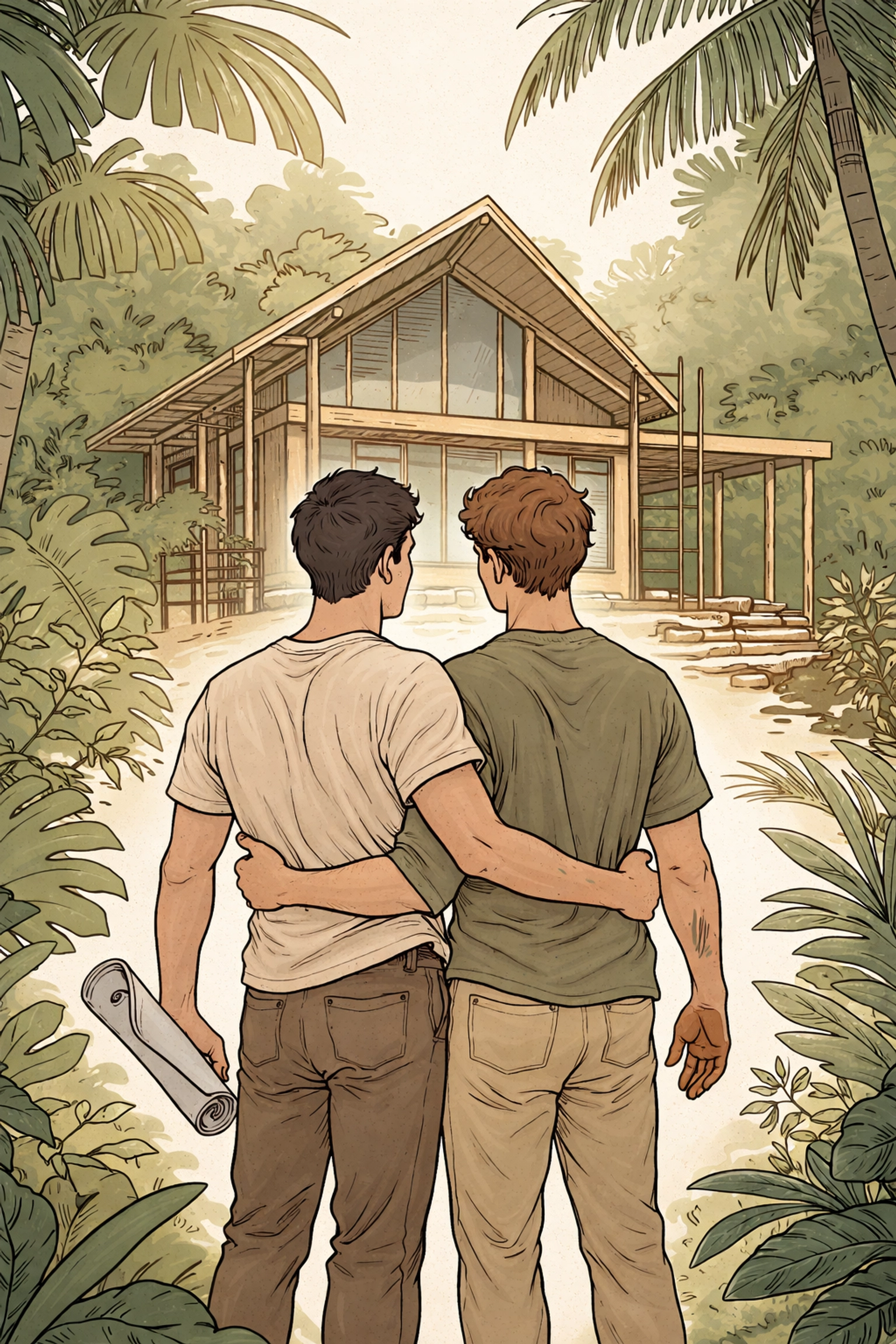Two men stand proudly together in front of their partially-built eco-resort, representing the growth of their MM relationship and the creation of Aura.