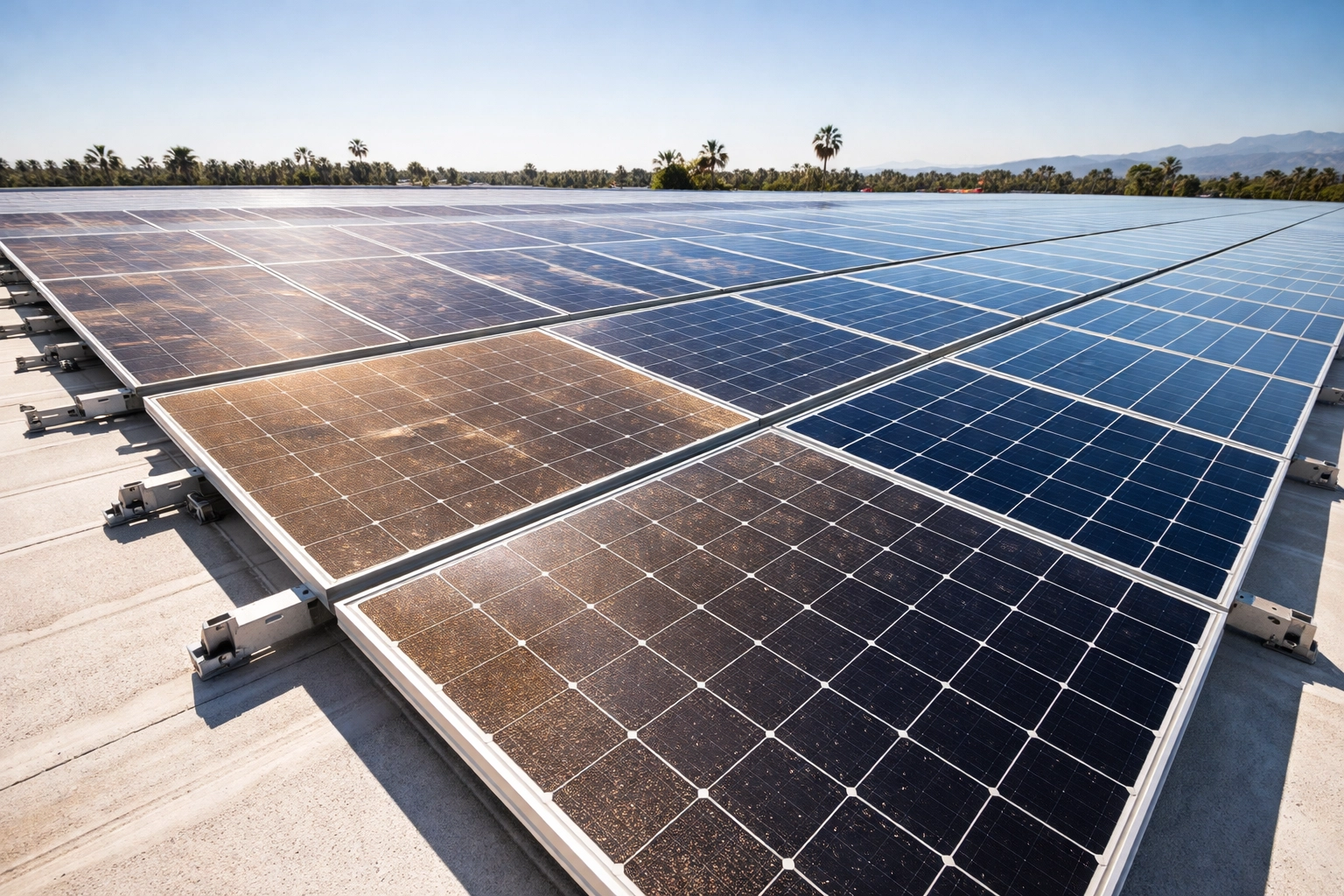 Commercial rooftop solar panel array under California sun showing clean and dusty panels, highlighting need for solar maintenance.