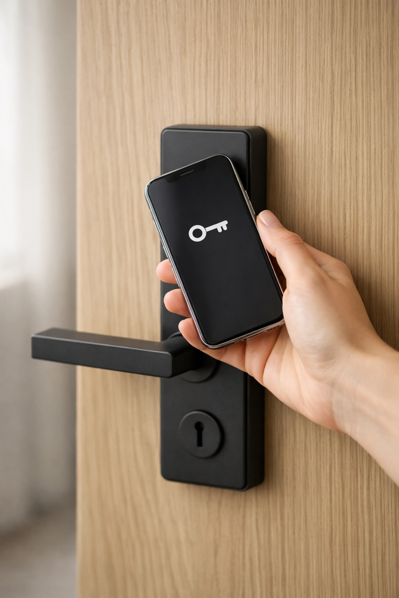 Close-up of a guest using a smartphone as a digital room key for seamless mobile check-in.