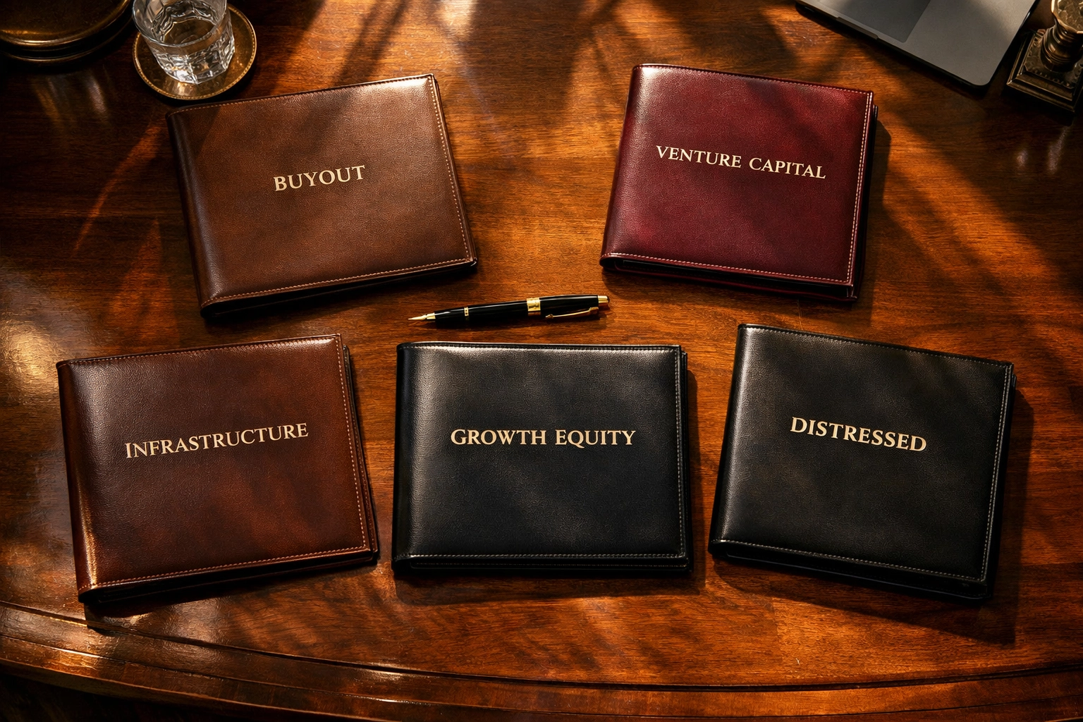 Multiple portfolio folders displaying diverse private equity investment strategies and fund options