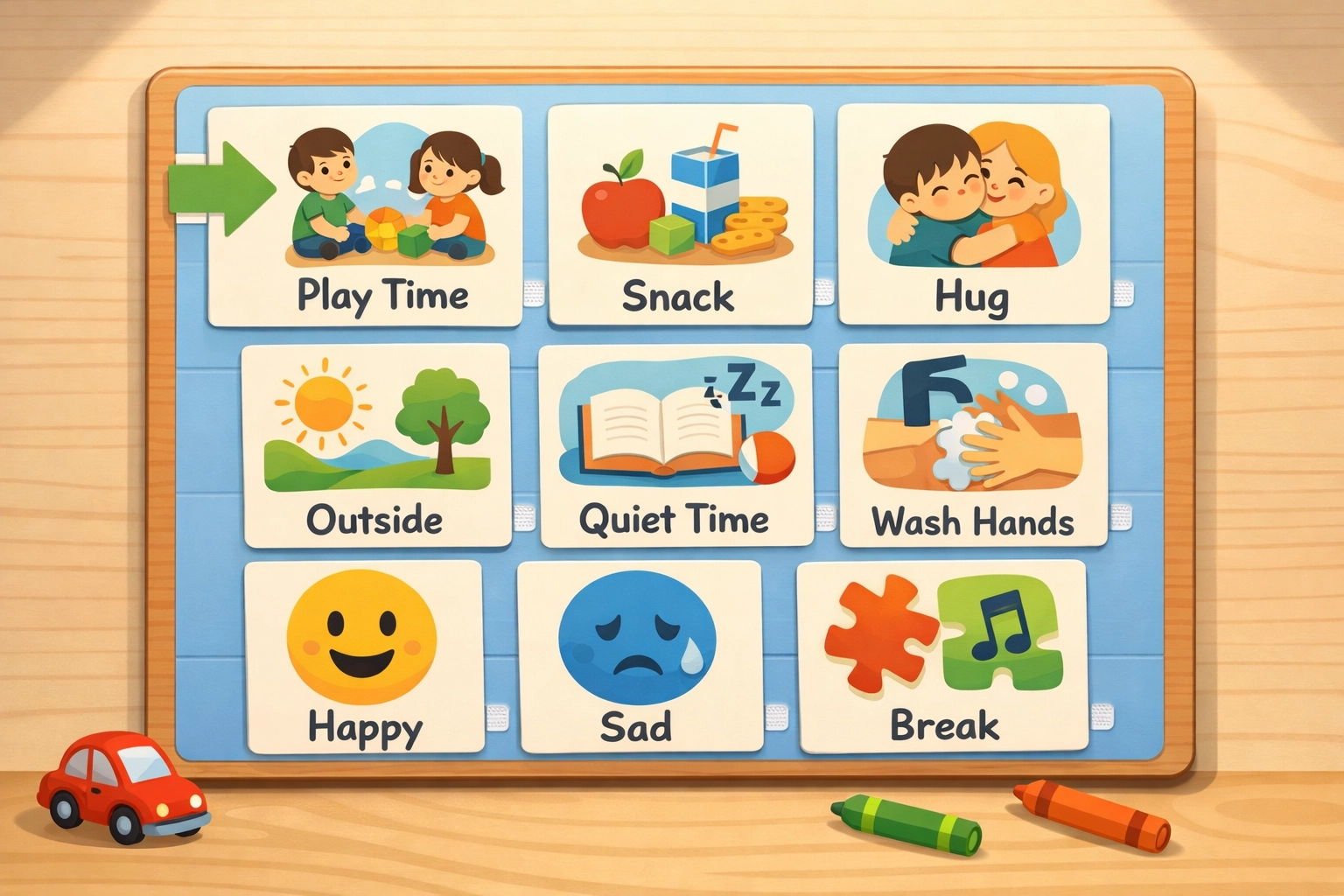 Visual communication board with daily activity cards for positive behavior support
