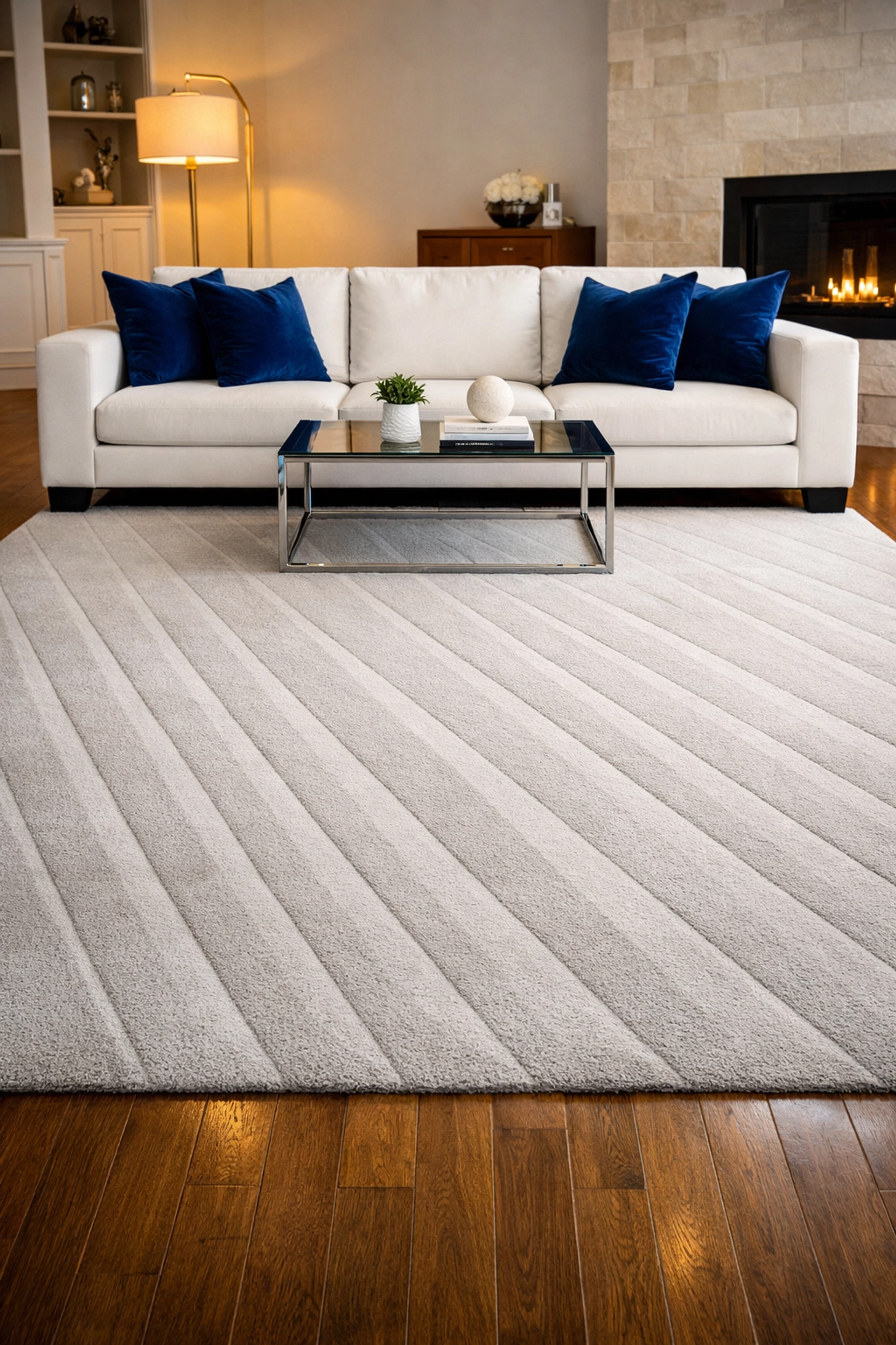 Pristine luxury living room with professional vacuum lines on the rug from recurring house cleaning in North Reading.