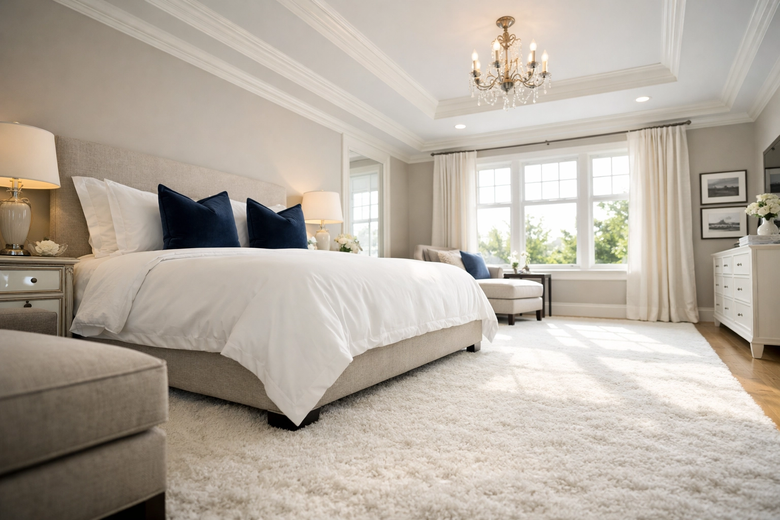 Immaculate master bedroom in a Hamilton home after professional luxury house cleaning services.