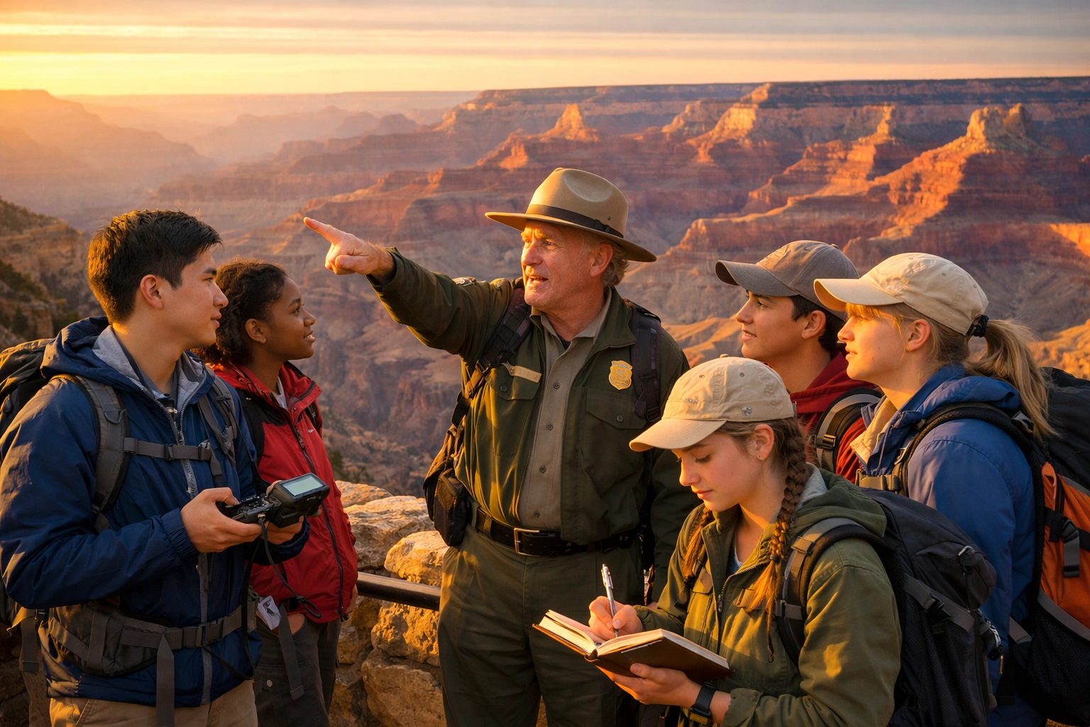 High school students conducting geological field research with a Ranger on a Grand Canyon student service trip.