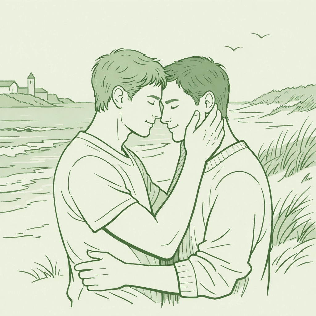 Two men in romantic embrace at European beach - MM romance and naturism themes for streaming