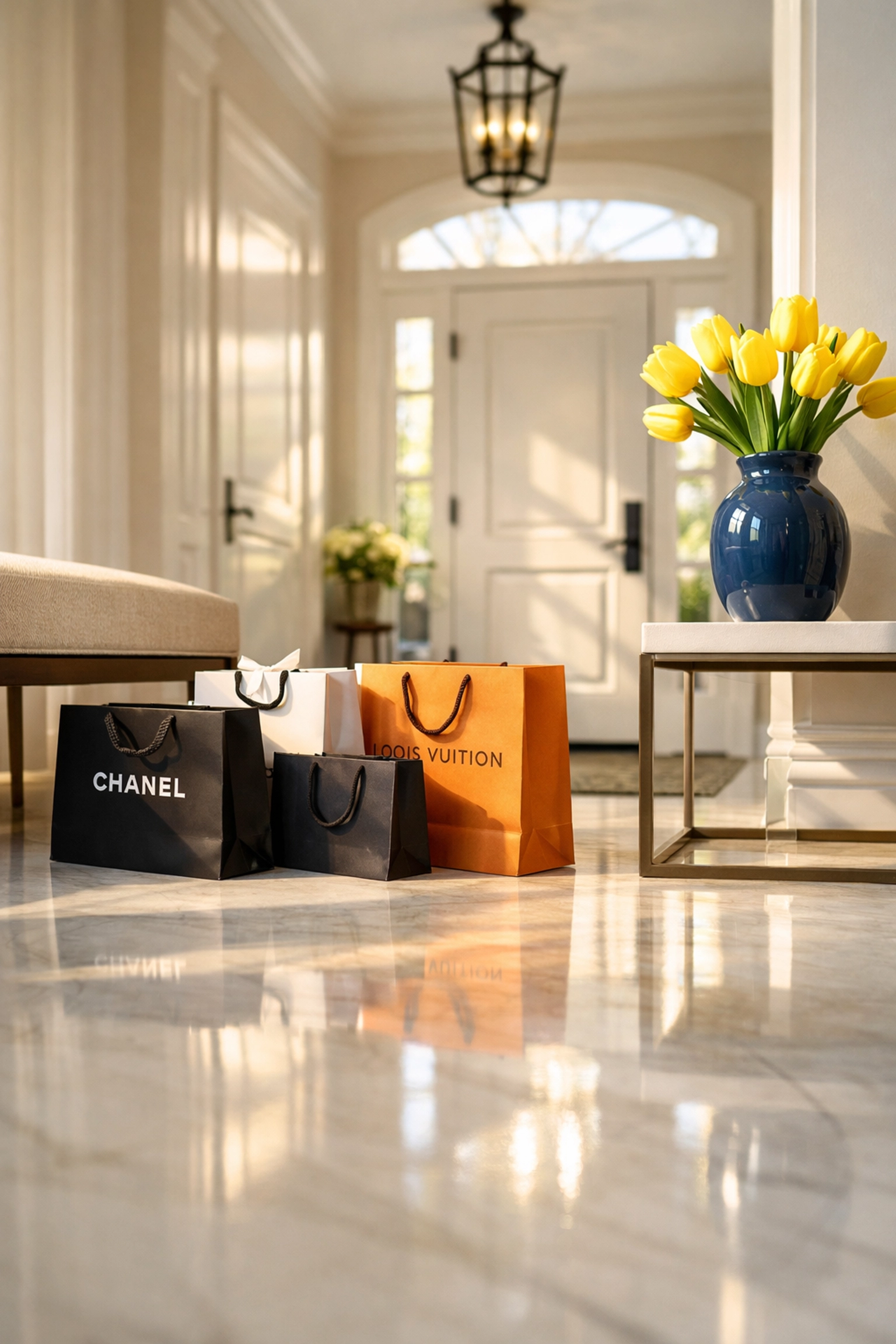 Impeccable marble entryway in a Lynnfield home showing the time-saving benefits of house cleaning.