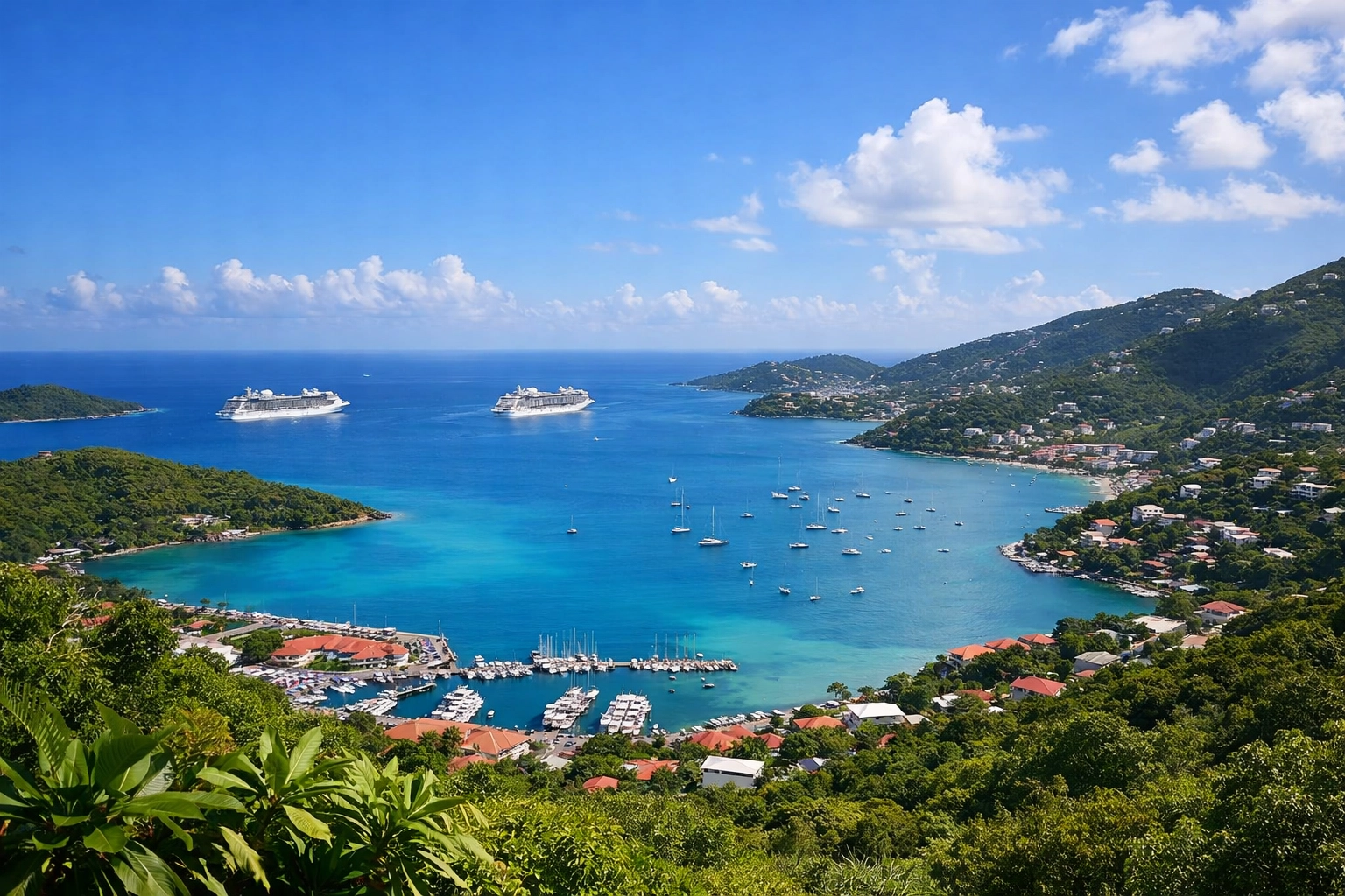 Beautiful island landscape in st thomas usvi with turquoise water and green hills.