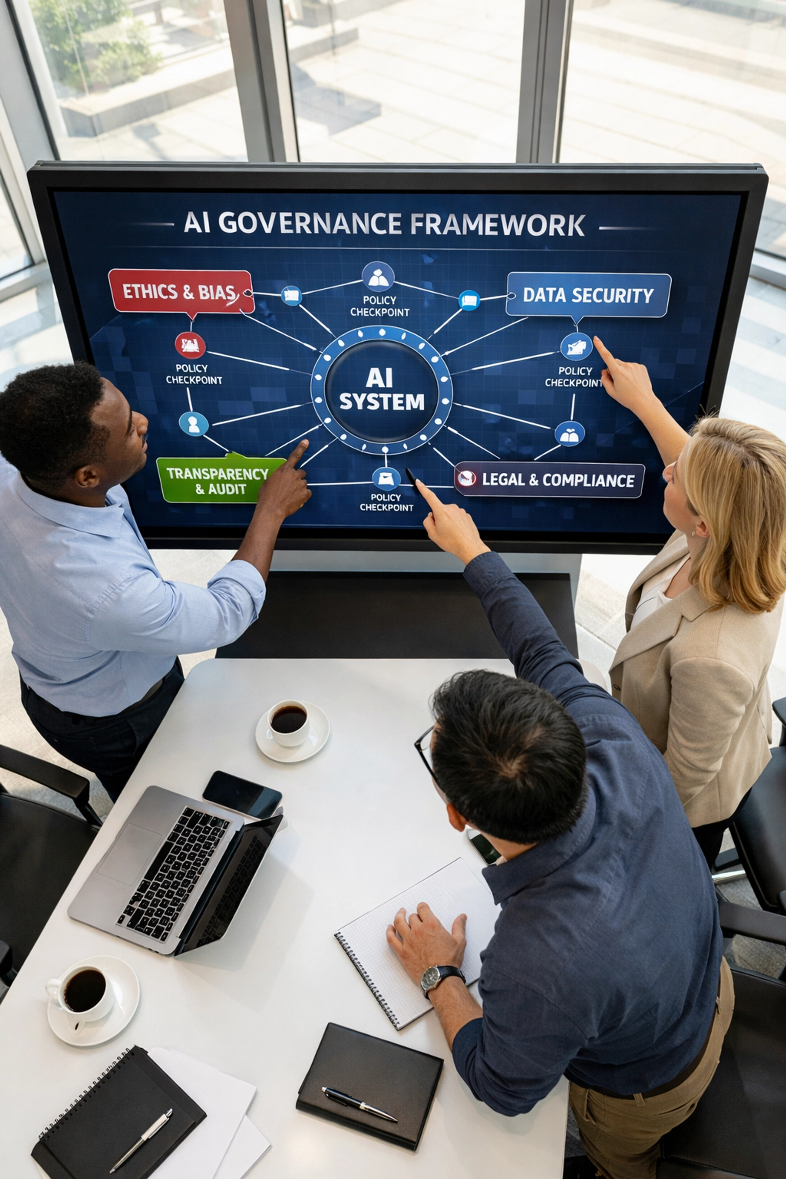 IT professionals reviewing ServiceNow AI governance framework and policy controls in meeting