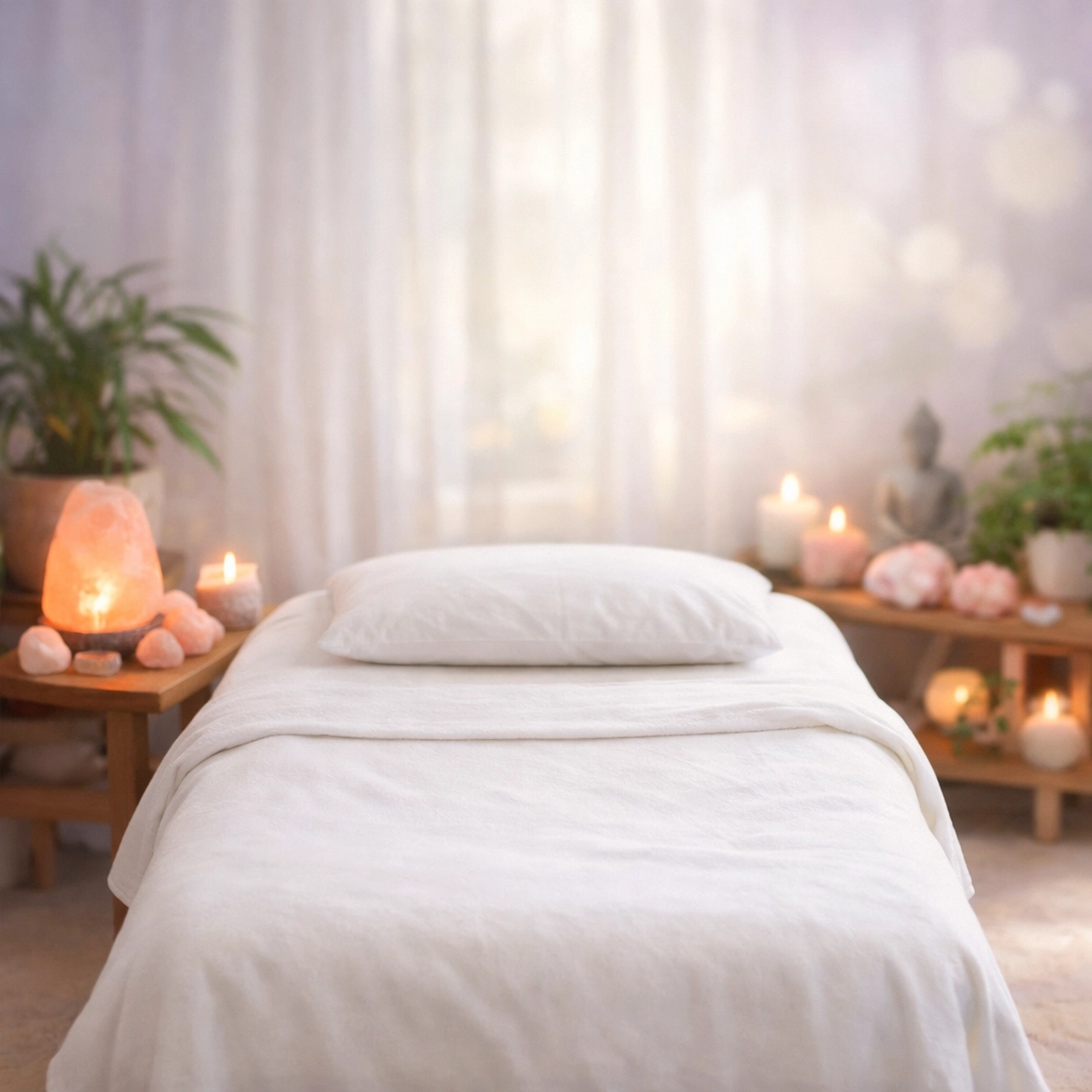 Peaceful Reiki treatment room with massage table, crystals, and calming atmosphere