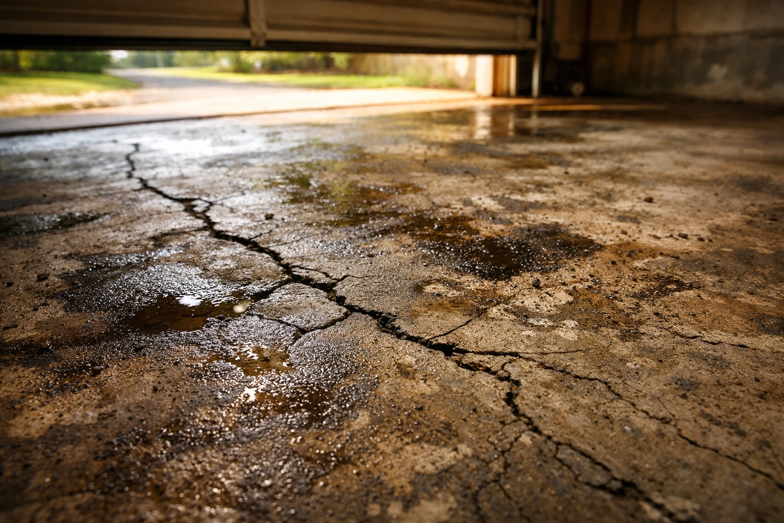 Cracked and stained concrete garage floor showing moisture damage common in Jackson MS climate