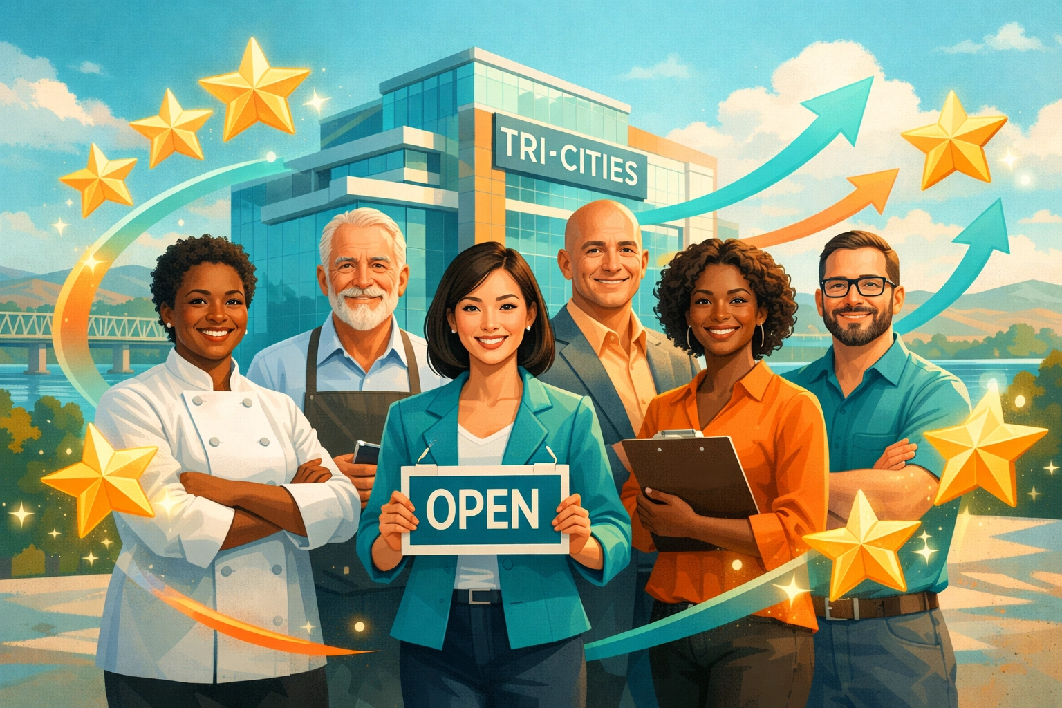 Local business owners illustrating growth and trust through social proof and high-star ratings.