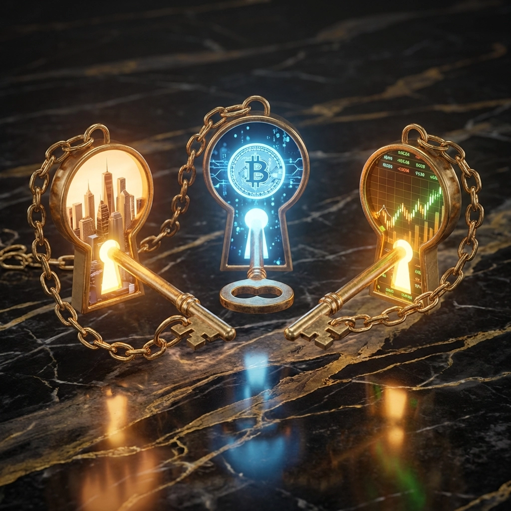 Three golden keys unlocking portals to real estate, crypto, and private equity, symbolizing diversified portfolios for accredited investors