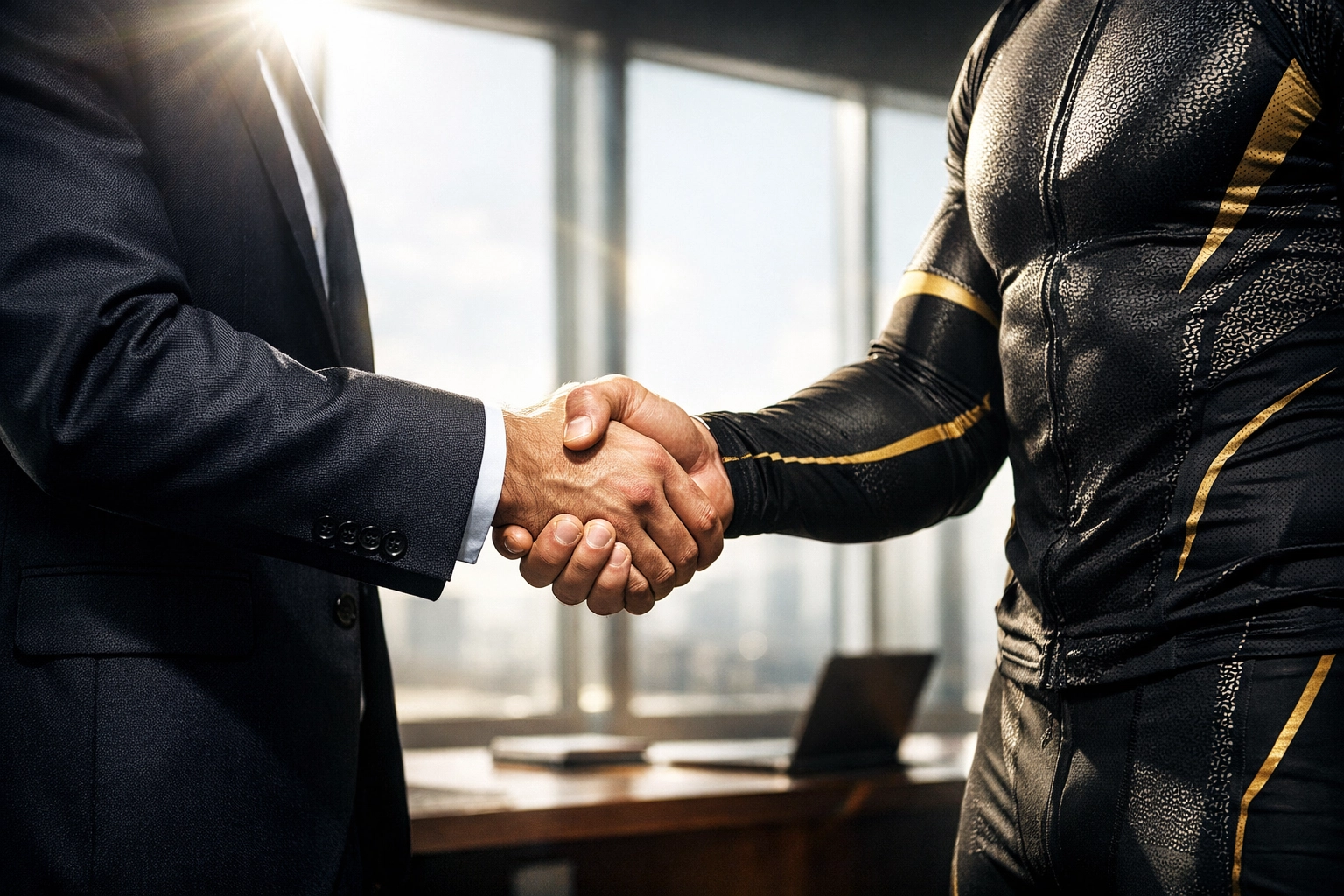 A CEO and a high-profile athlete shake hands to symbolize a successful NIL brand partnership and marketing deal.