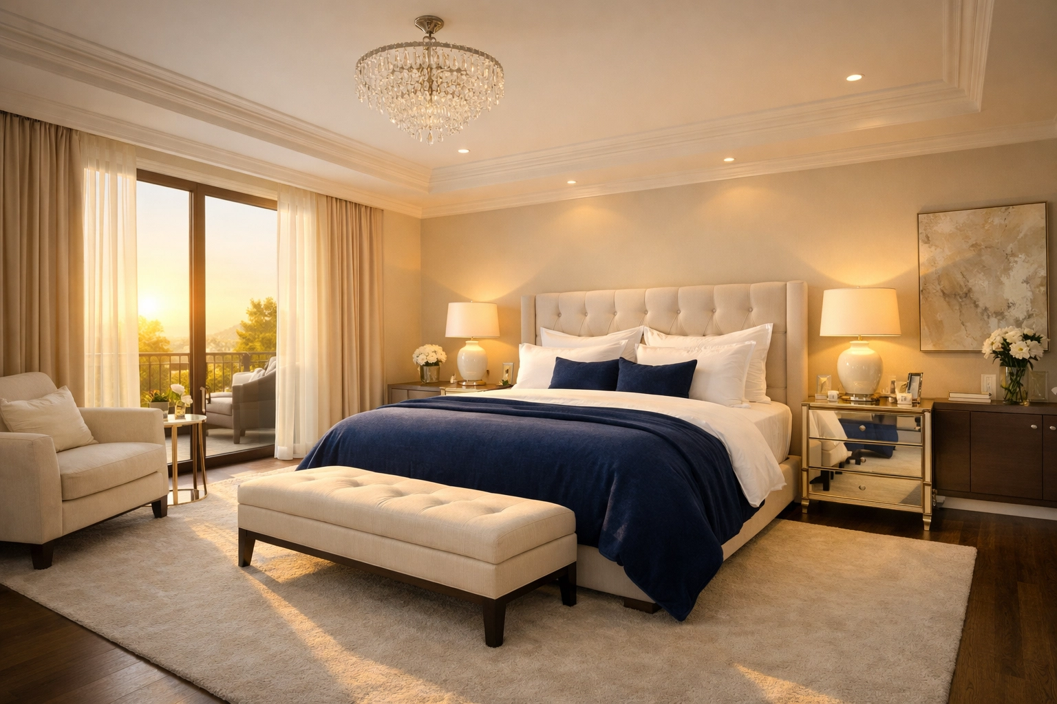 A tranquil and private luxury master bedroom maintained by top-tier residential cleaning Massachusetts professionals.