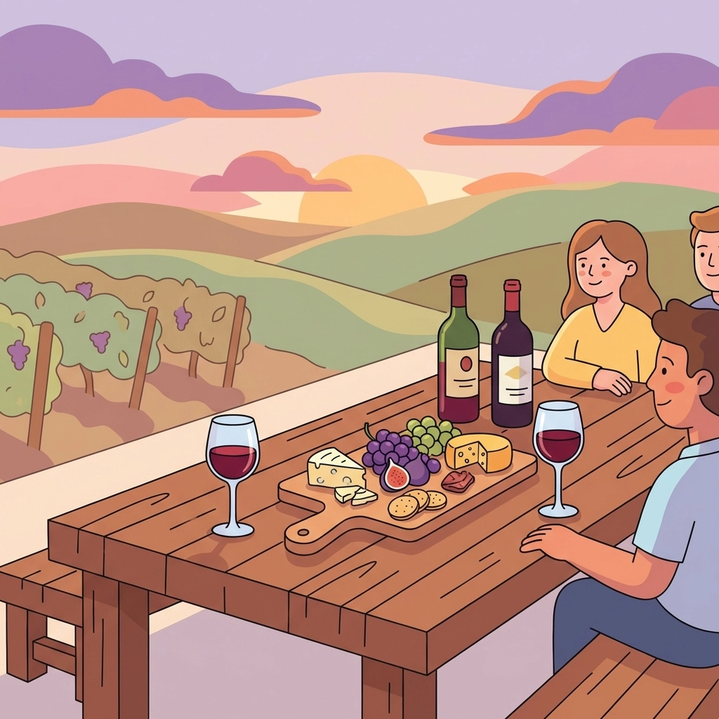 Charming winery terrace scene with wine glasses, cheese board, and vineyards, highlighting Northern Virginia tasting experiences.