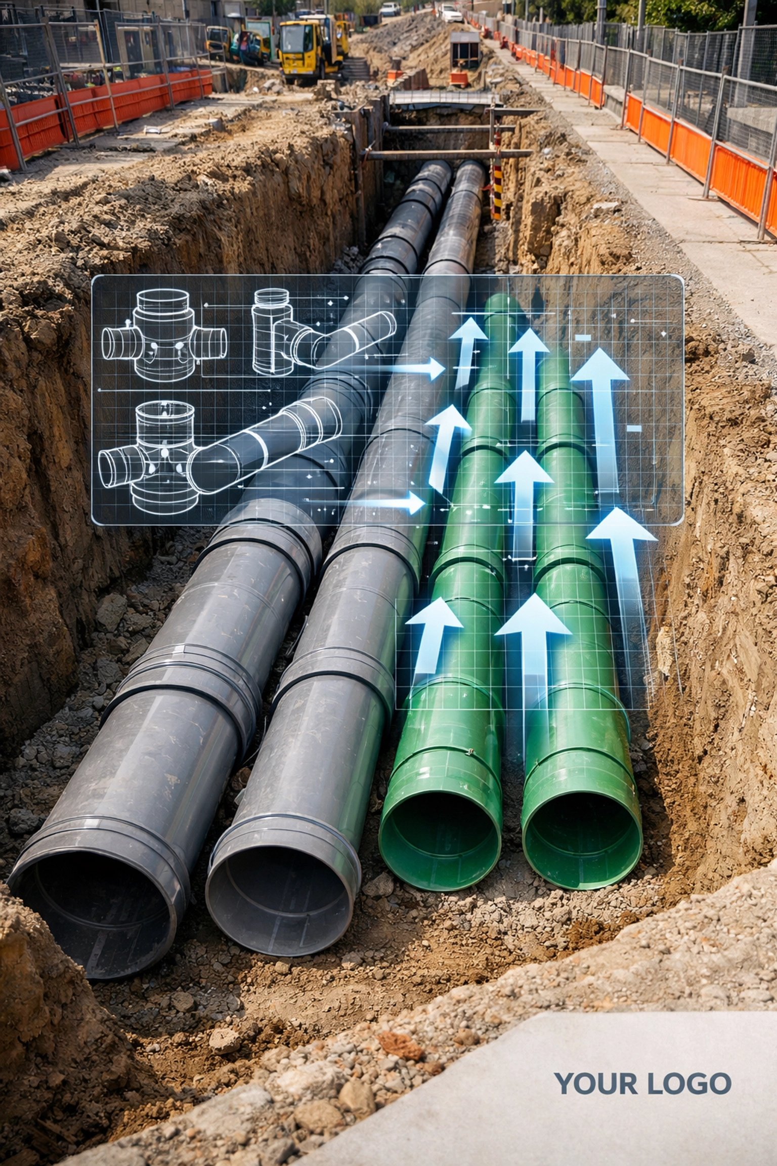 Deep trench installation of storm and sanitary pipes for municipal site servicing and infrastructure projects.