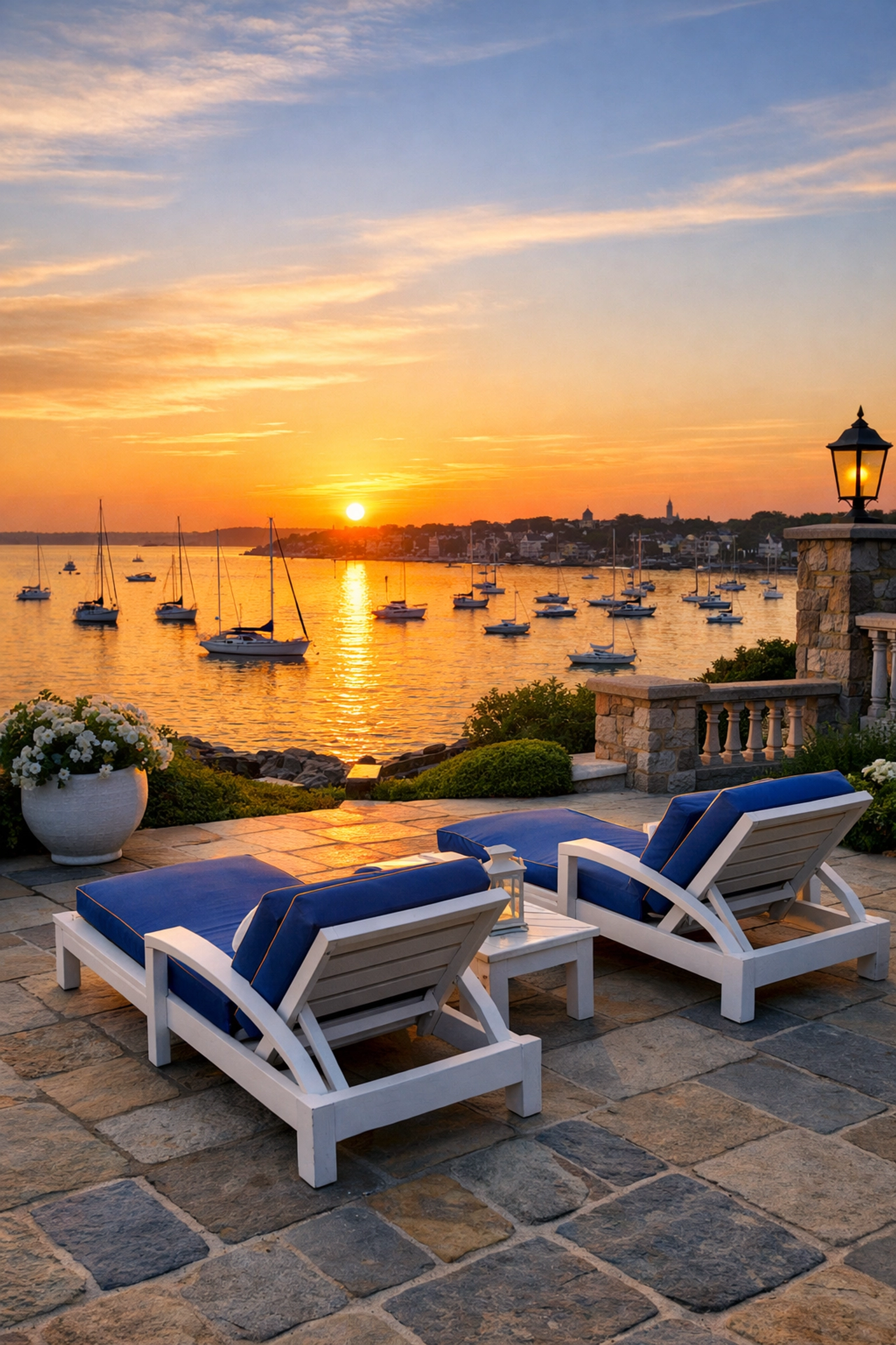 A spotless waterfront estate terrace on Marblehead Neck overlooking the harbor at sunset.