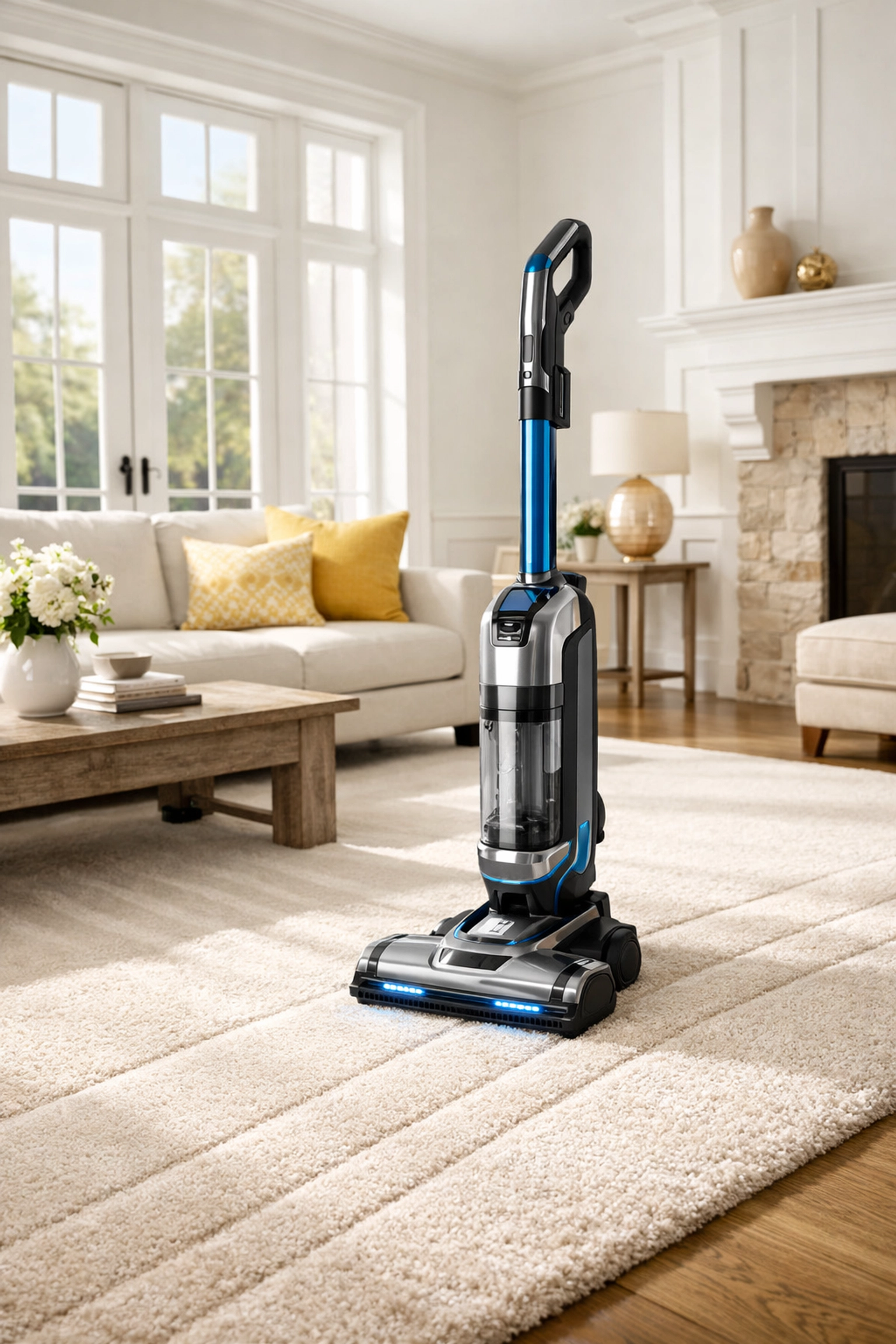 Modern vacuum on a clean rug representing routine weekly house cleaning maintenance.