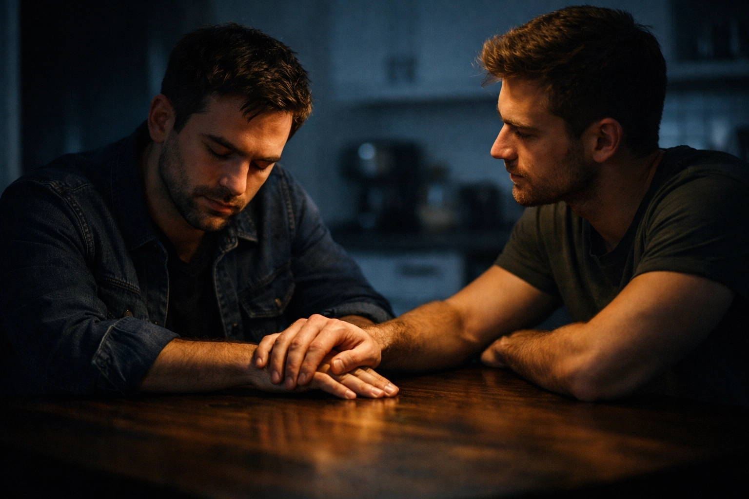 A gay couple holding hands for support, navigating parental disapproval in their relationship.