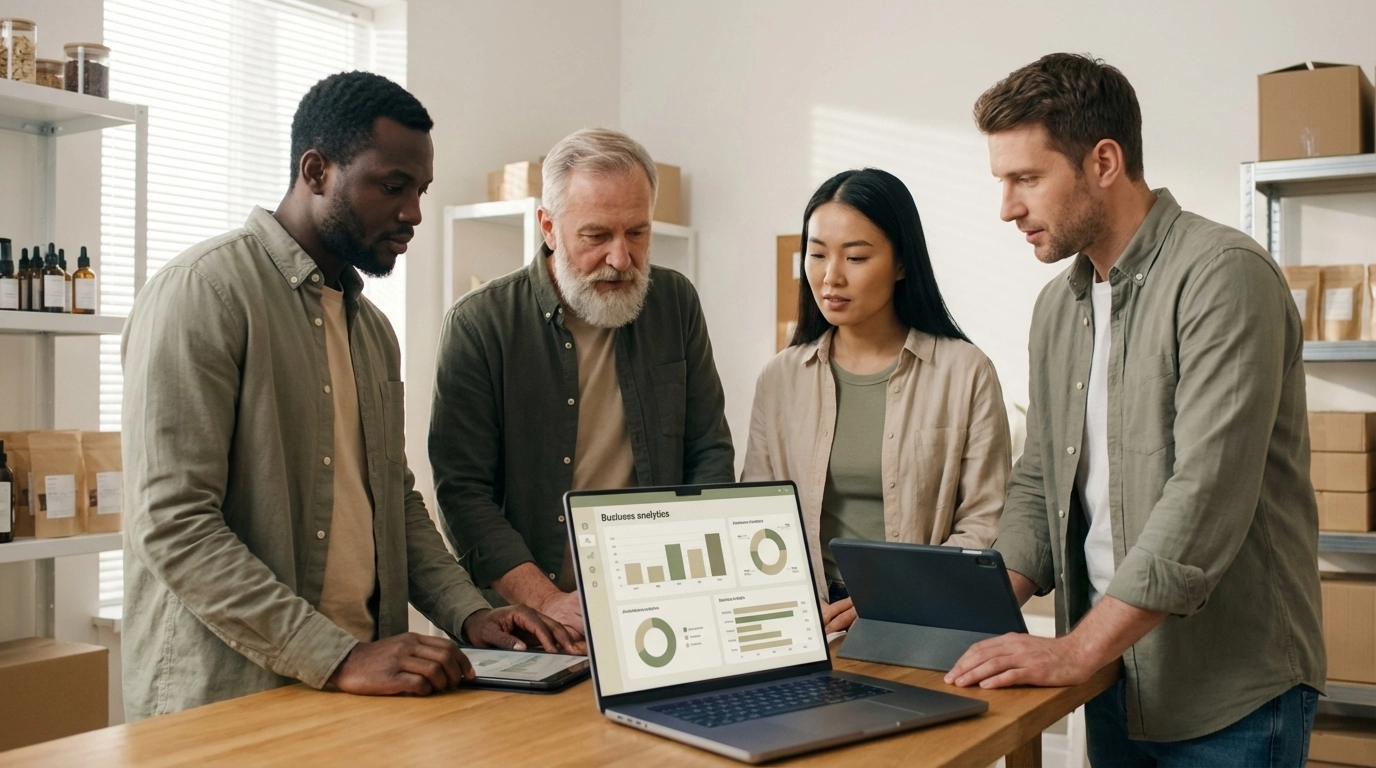 Small business team using AI data visualizations on a tablet for predictive analytics in 2026.