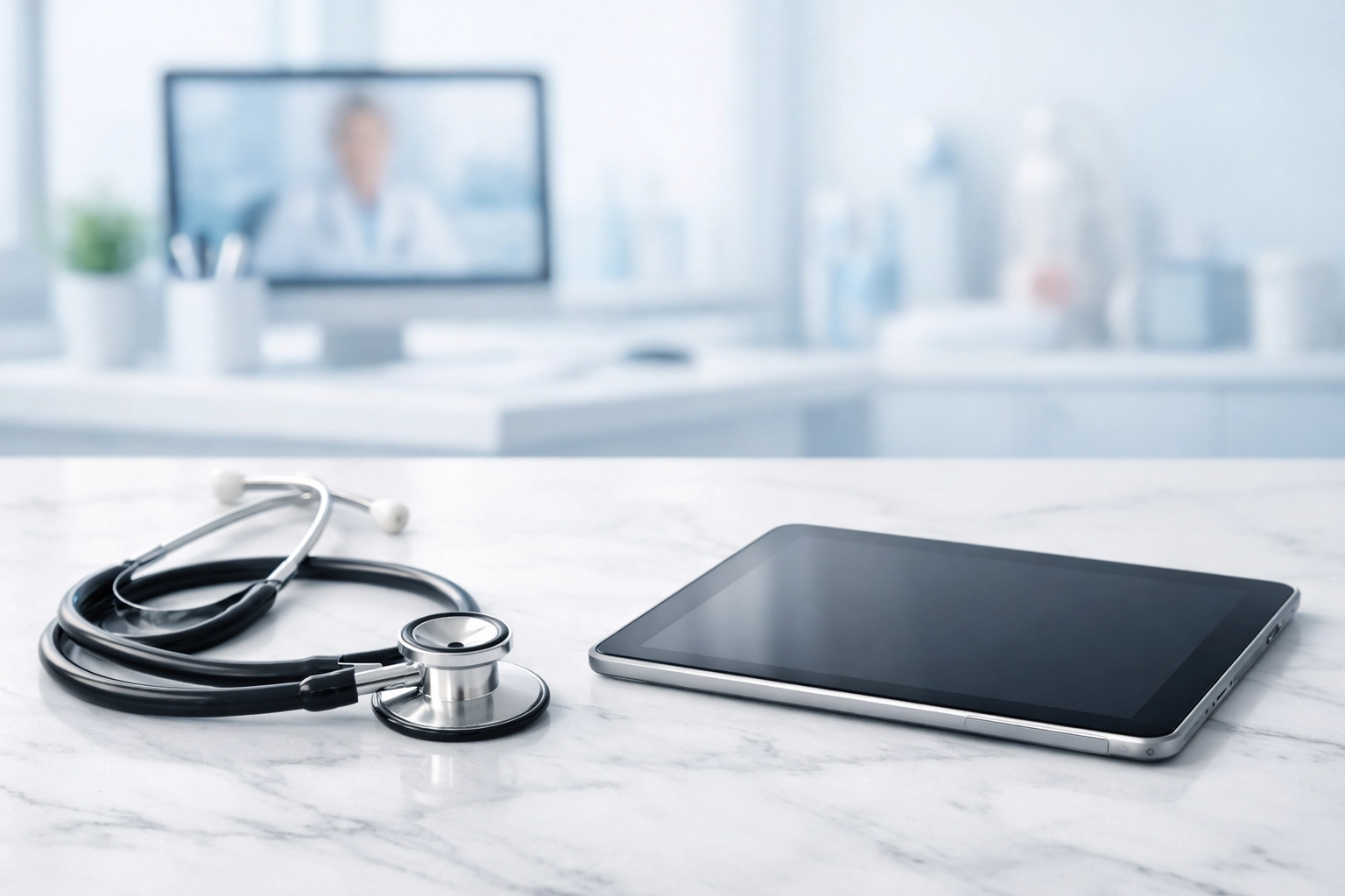 Professional telehealth medical workspace with a stethoscope and tablet for weight loss consultations.