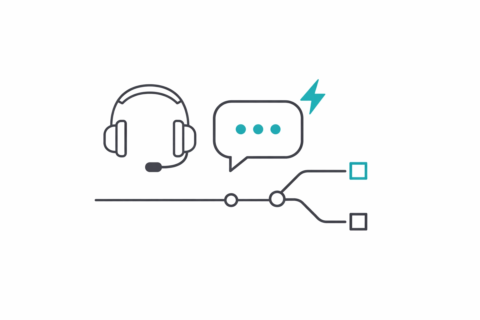 Minimalist line-art illustration for AI in BPO and customer service: headset icon with chat bubble and automation symbol, plus simple routing flow line.
