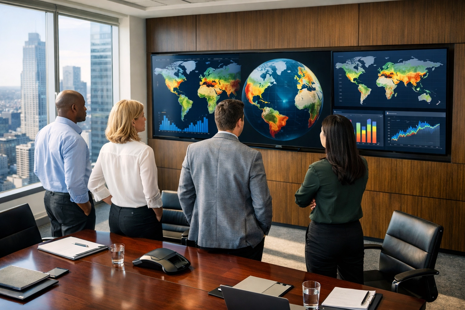 Dakdan Worldwide consultants in a boardroom analyzing global data for strategic advertising solutions.